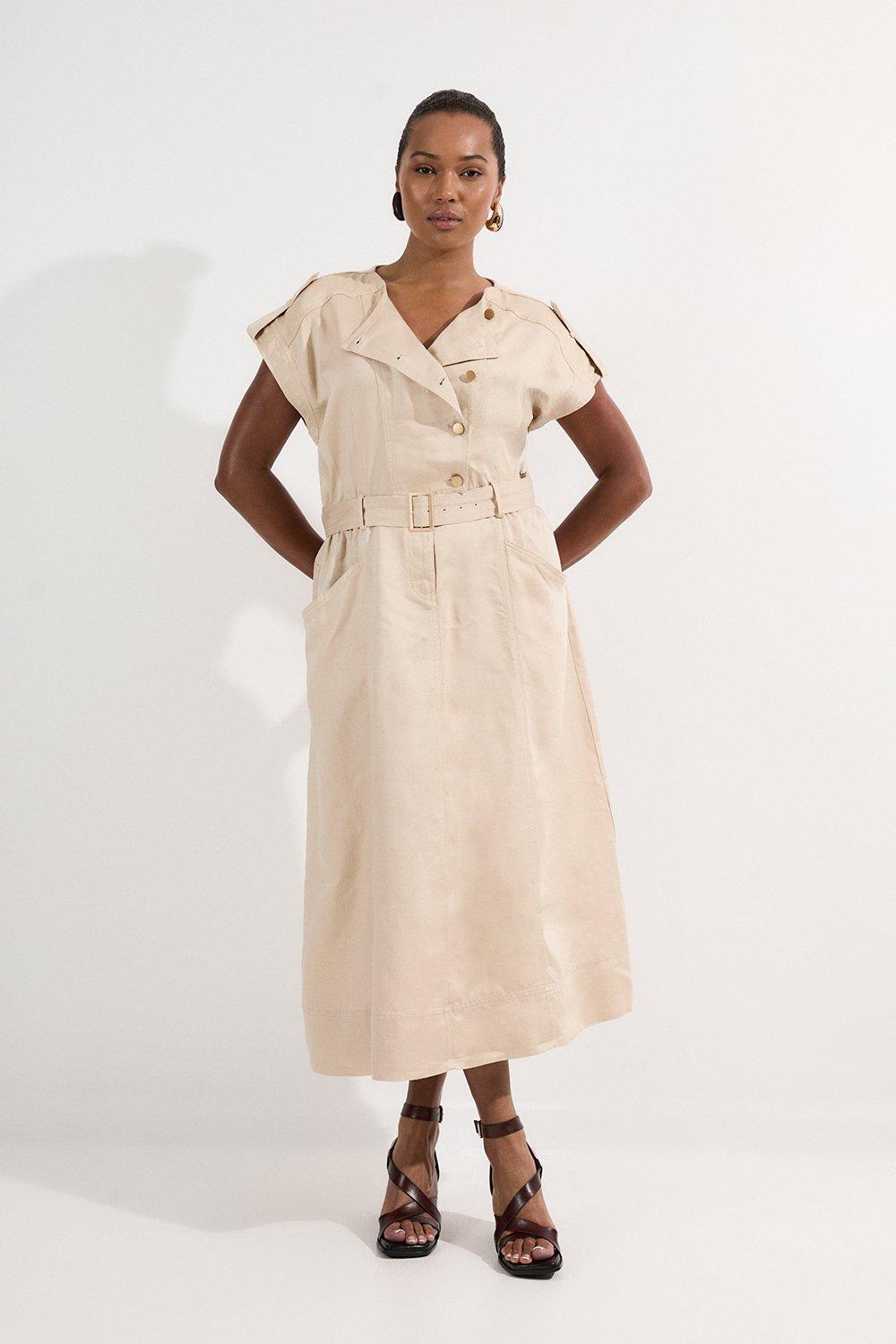 Plus Size Soft Twill Relaxed Midi Dress - Brown