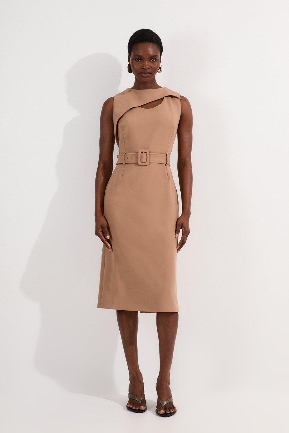 Compact Stretch Belted Pencil Midi Dress - Camel