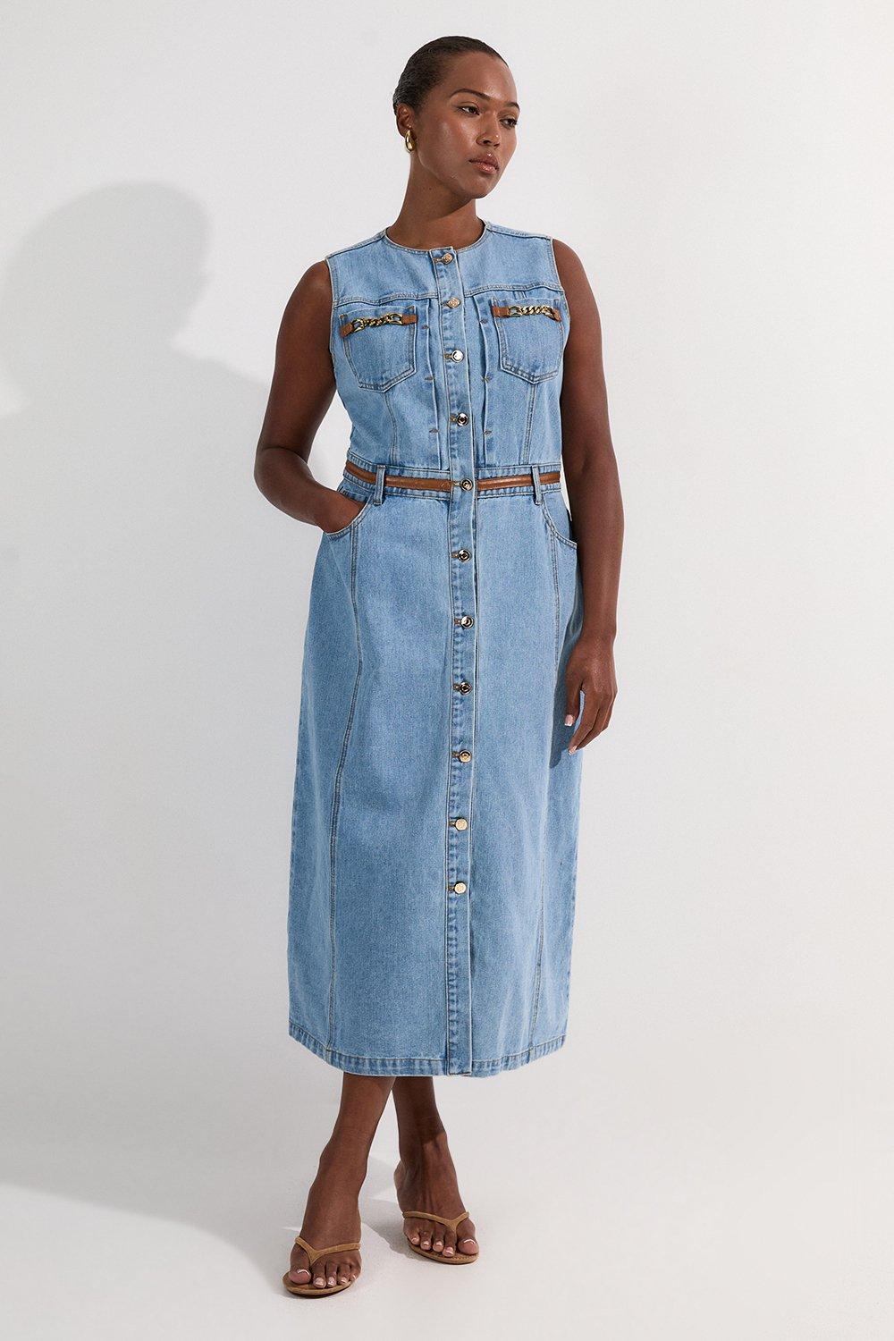 Plus Size Denim & Faux Leather Tipping Sleeveless Midi Dress - Light Blue