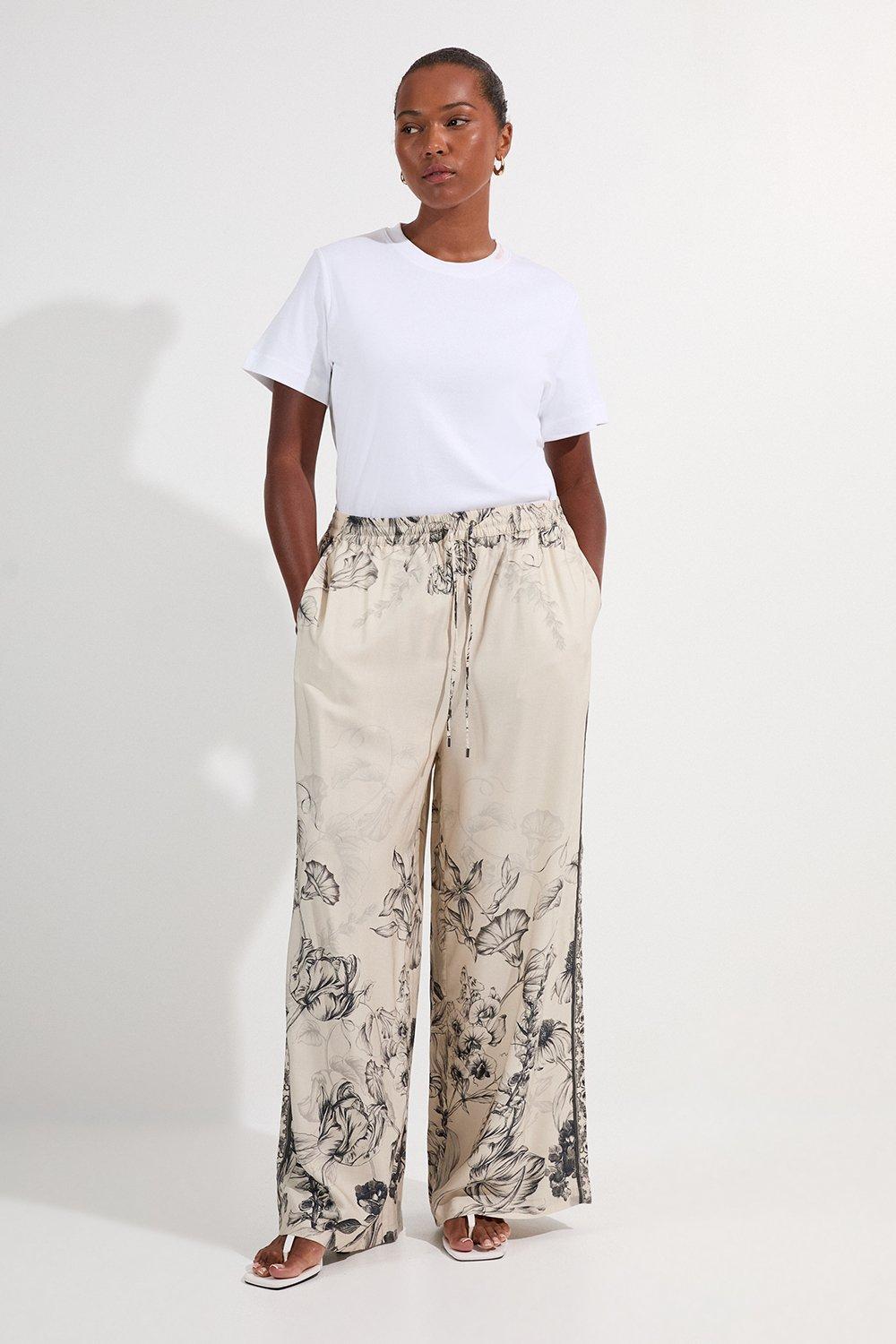 Plus Size Viscose Linen Scenic Placed Print Woven Wide Leg Trousers - Mono