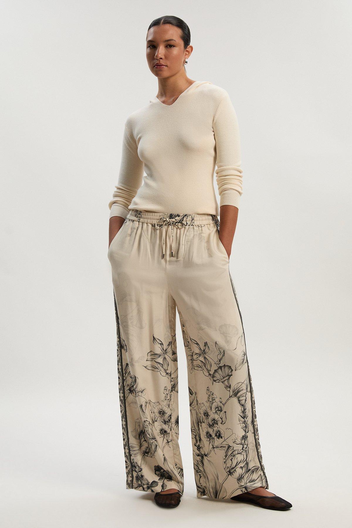 Viscose Linen Scenic Placed Print Woven Wide Leg Trousers - Mono