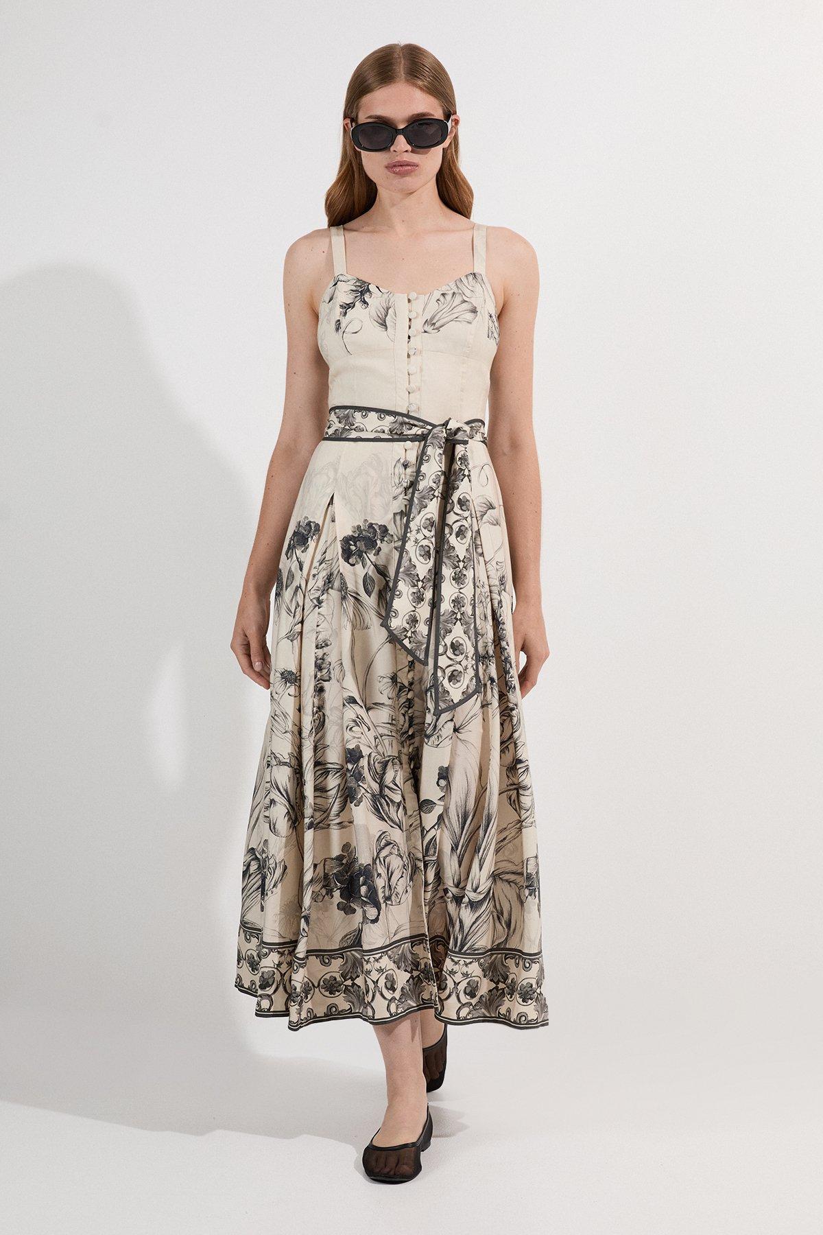 Viscose Linen Scenic Placed Print Strappy Woven Midi Dress - Mono