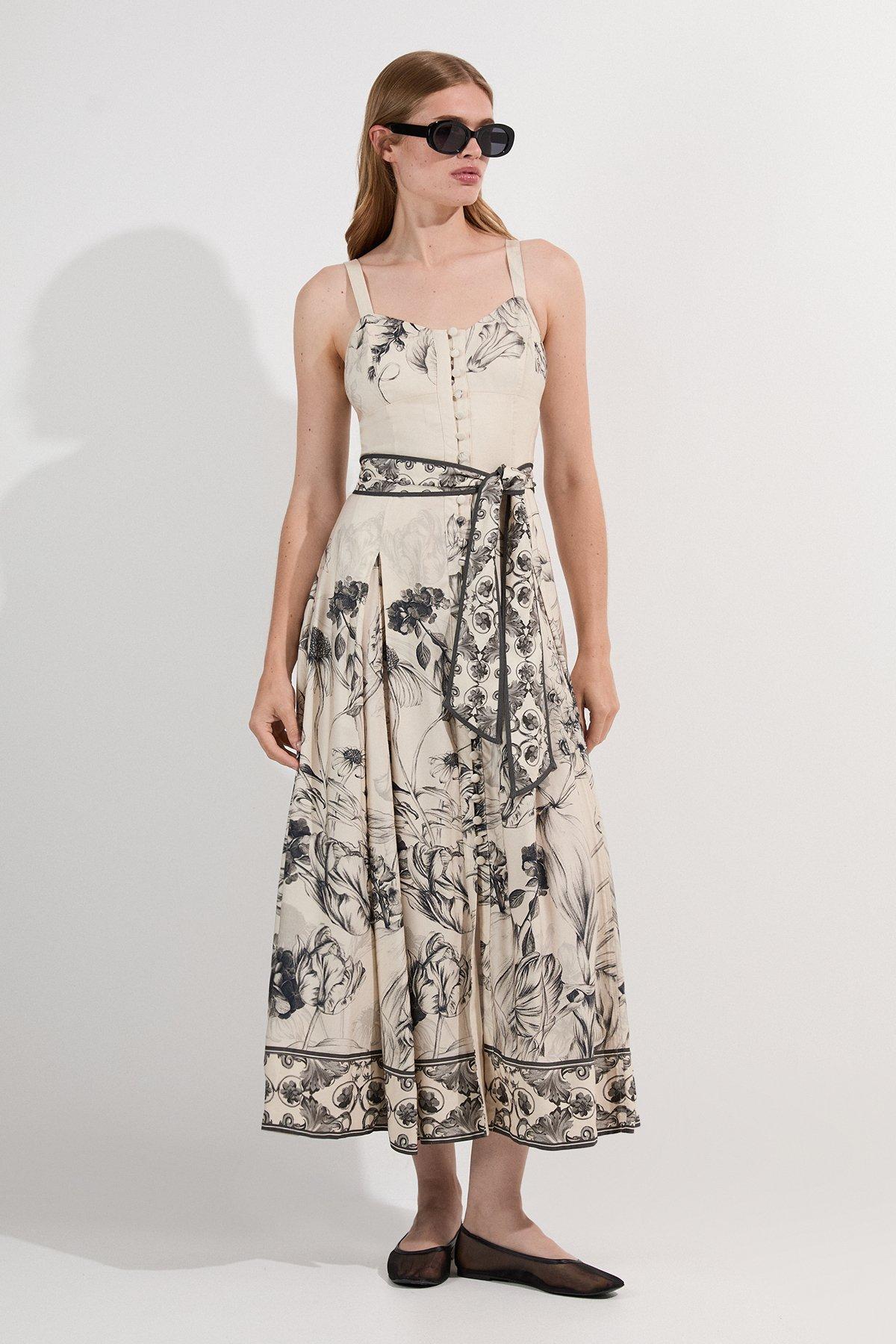 Petite Viscose Linen Scenic Placed Print Strappy Woven Midi Dress - Mono
