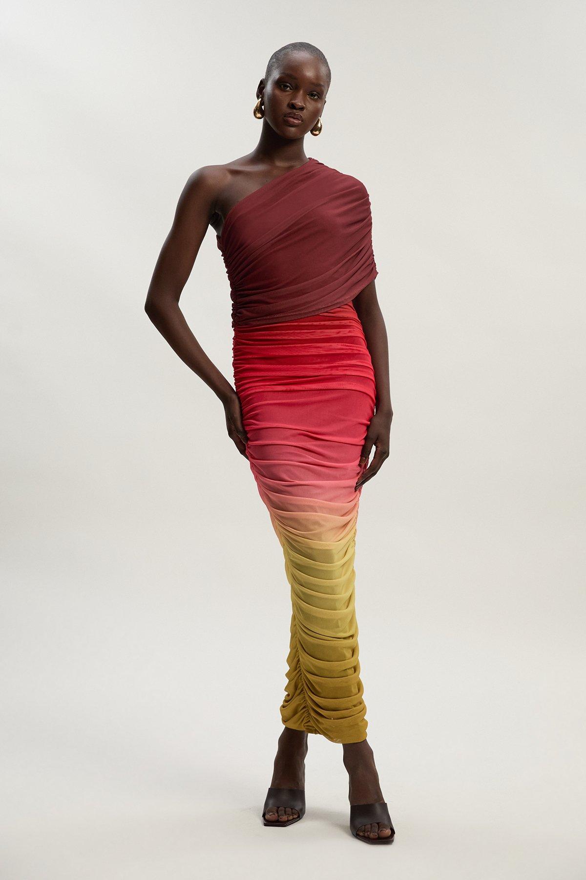 Ombre One Shoulder Mesh Jersey Maxi Dress - Red