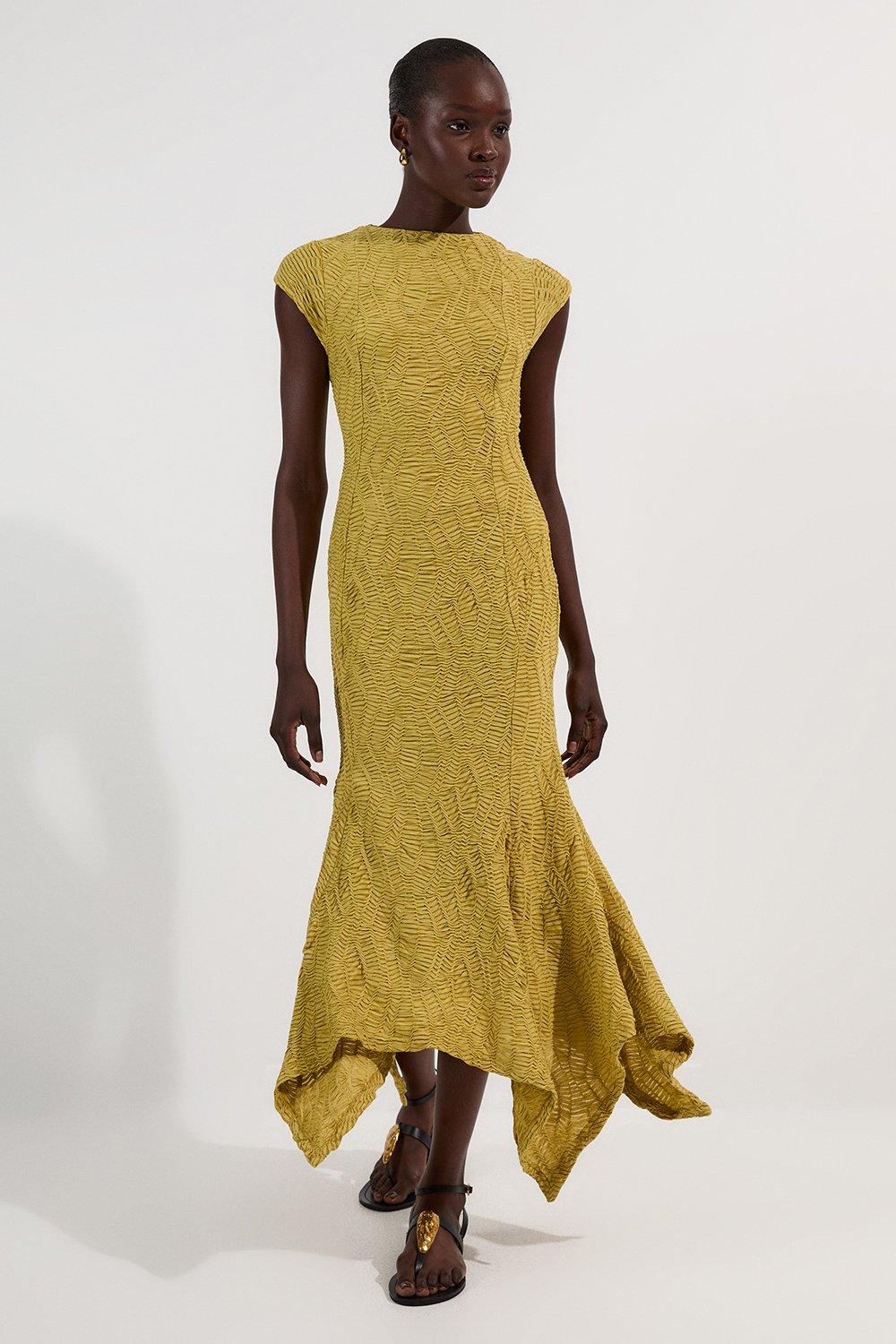 Petite Textured Hanky Hem Short Sleeve Trim Detail Jersey Maxi Dress - Chartreuse