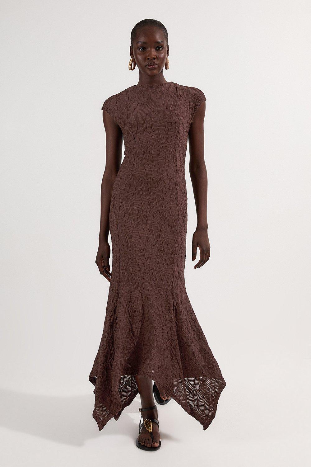 Textured Hanky Hem Short Sleeve Trim Detail Jersey Maxi Dress - Brown