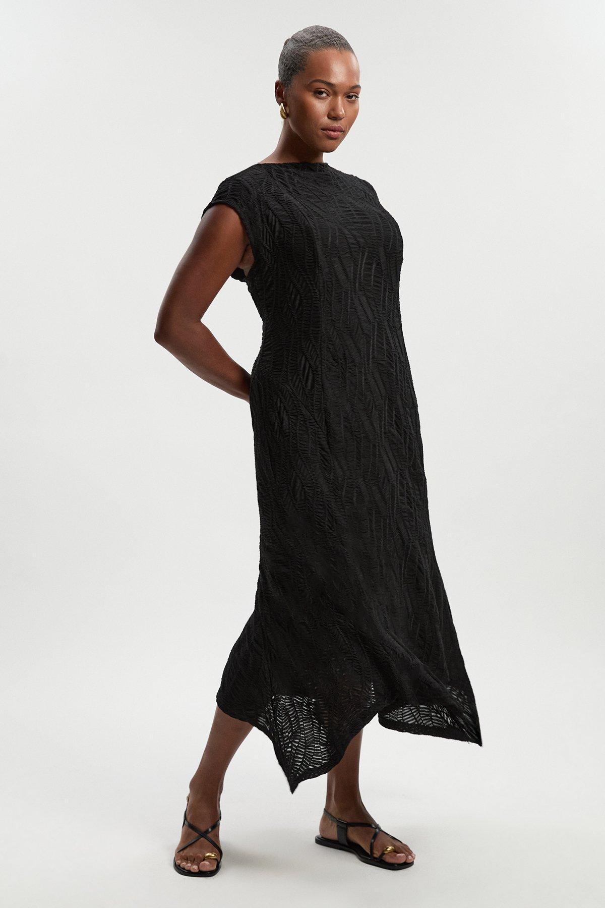 Plus Size Textured Hanky Hem Short Sleeve Trim Detail Jersey Maxi Dress - Black
