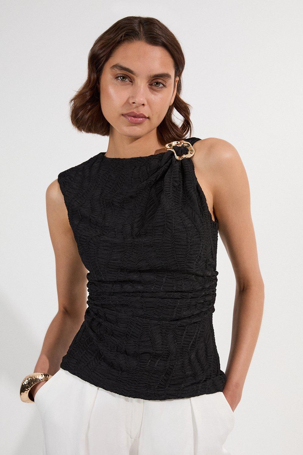 Textured Trim Detail Sleeveless Jersey Top - Black
