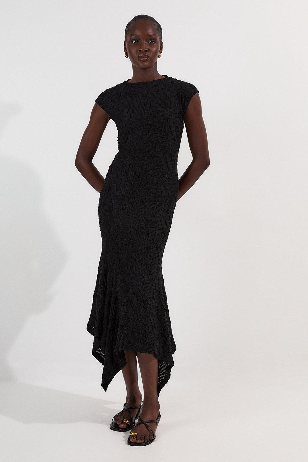 Textured Hanky Hem Short Sleeve Trim Detail Jersey Maxi Dress - Black