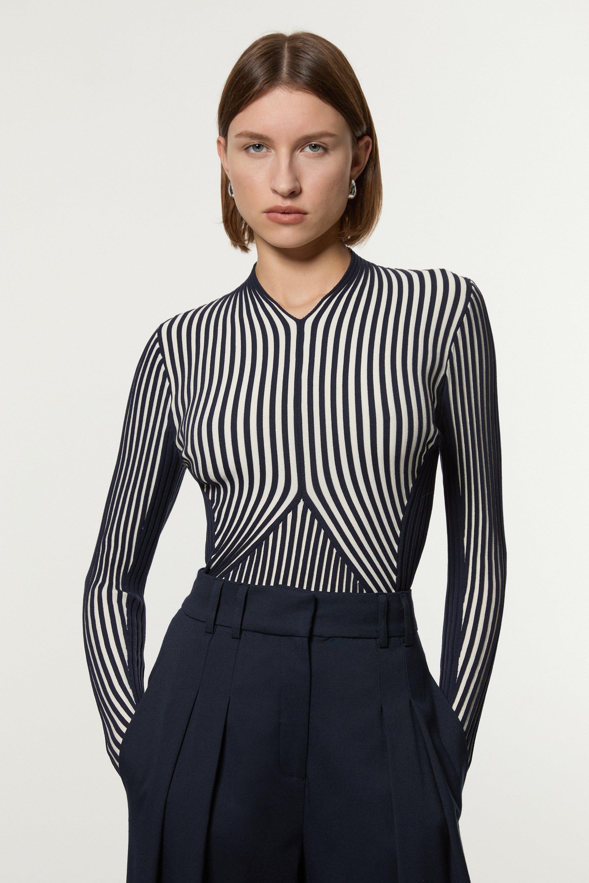 Petite Stripe Fitted Long Sleeve Knitted Top - Navy