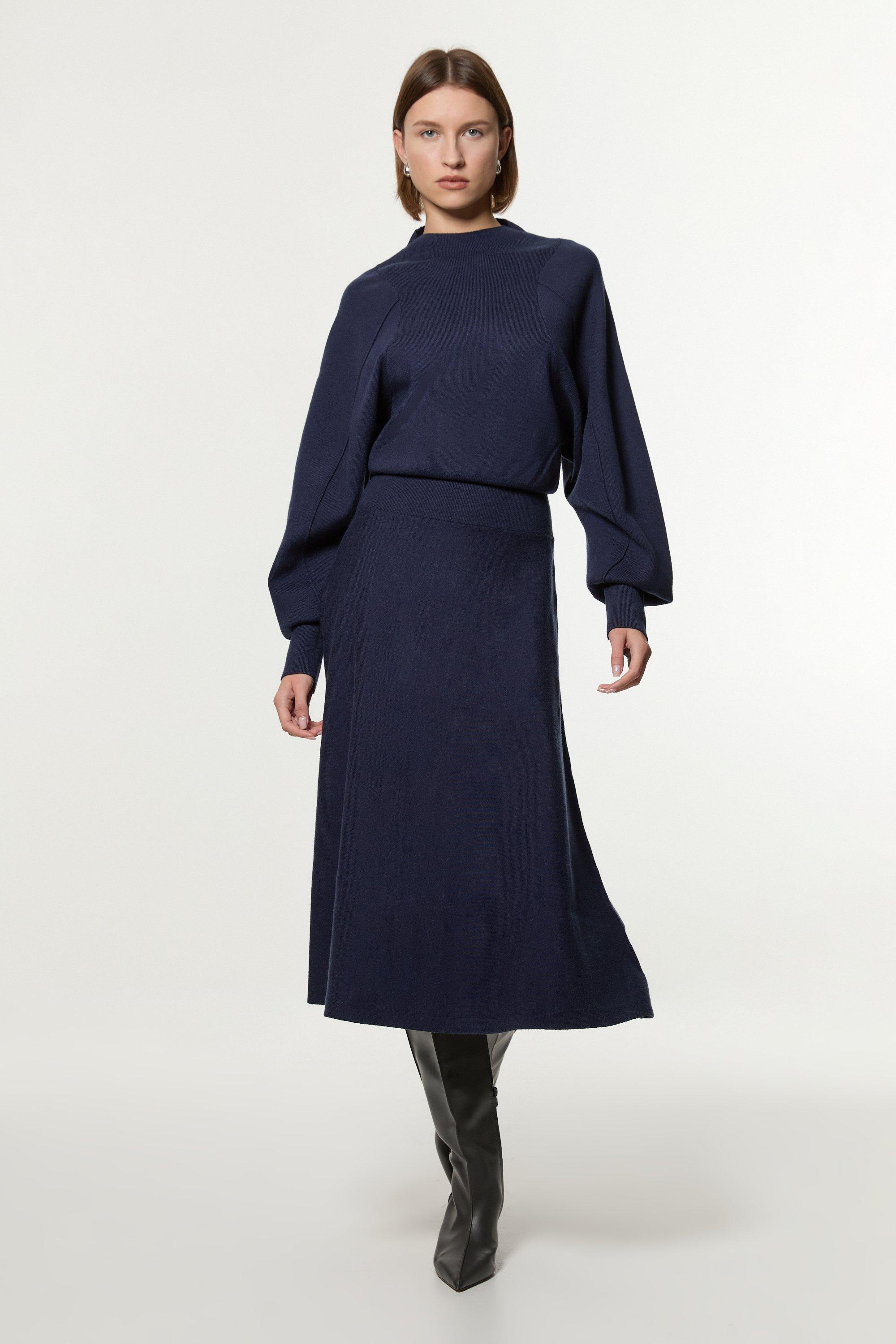 Tall Wool Look Rounded Sleeve Knit Midi Dress - Navy
