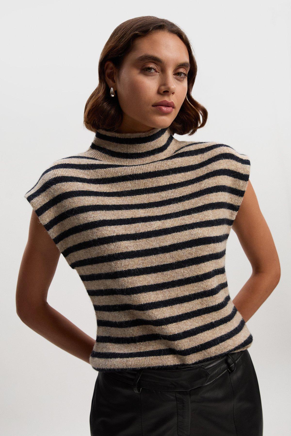 Wool Blend Cosy Knit Sleeveless vest Top - Stripe