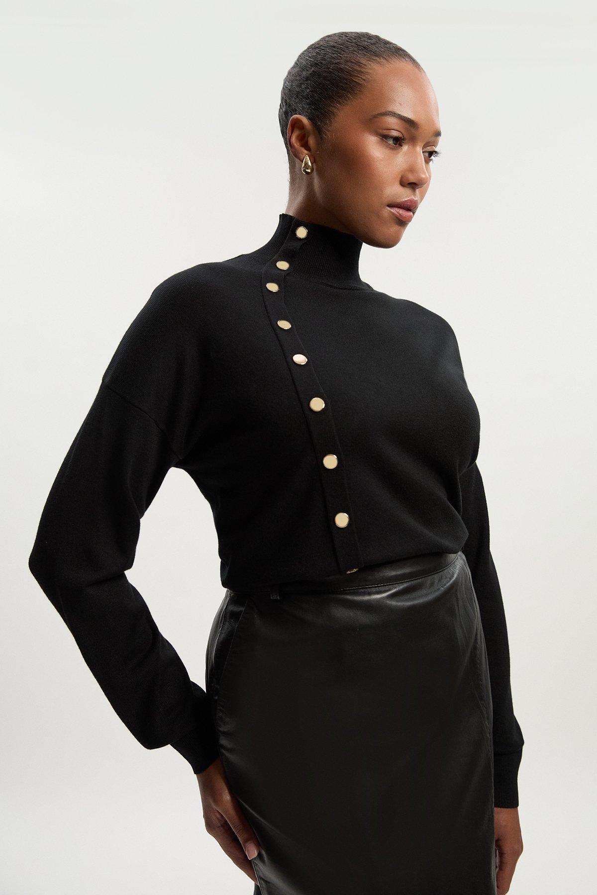 Plus Size Viscose Blend Popper Detail Knit Jumper - Black