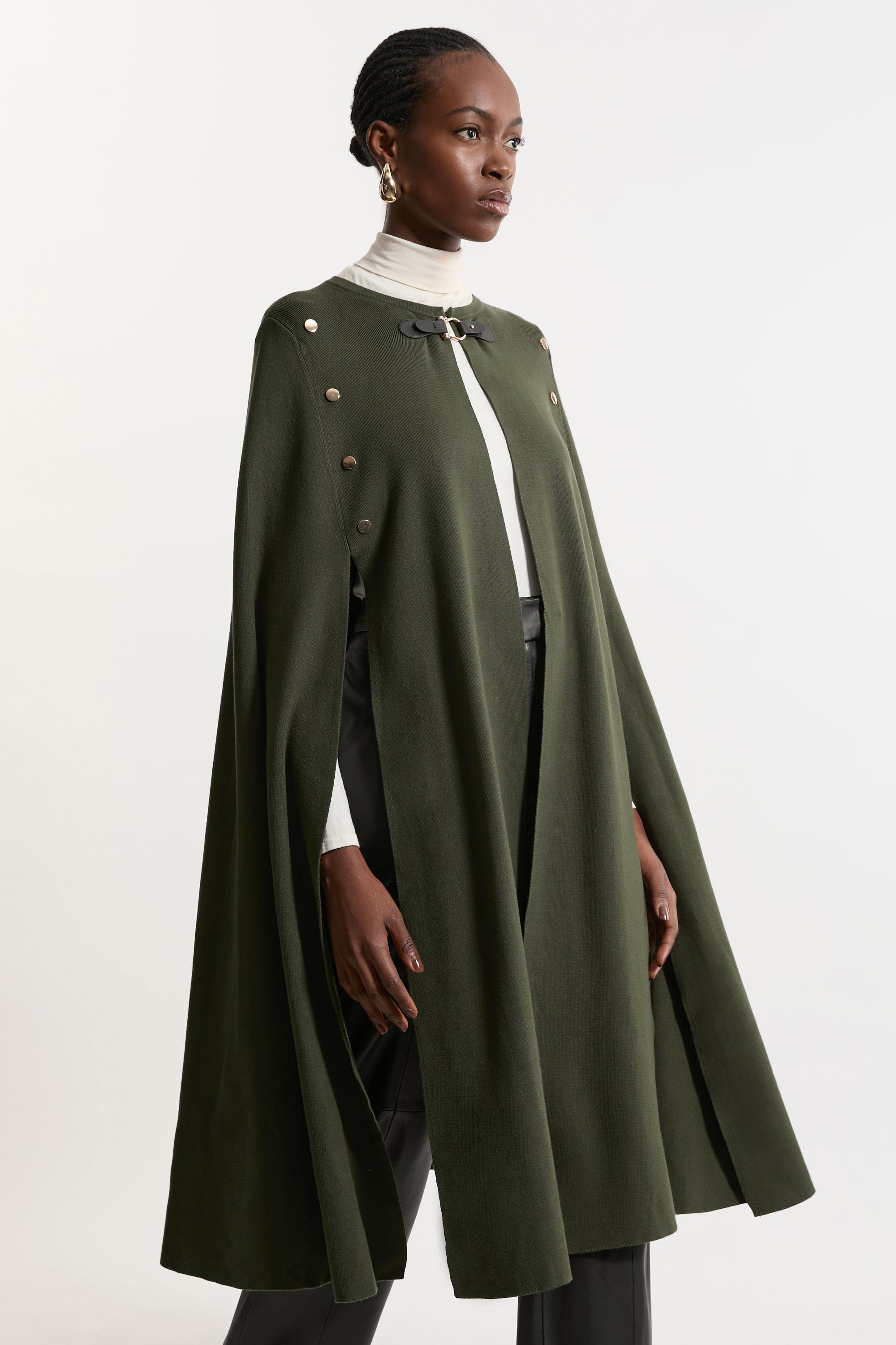 Tall Viscose Blend Military Knit Longline Cape - Olive