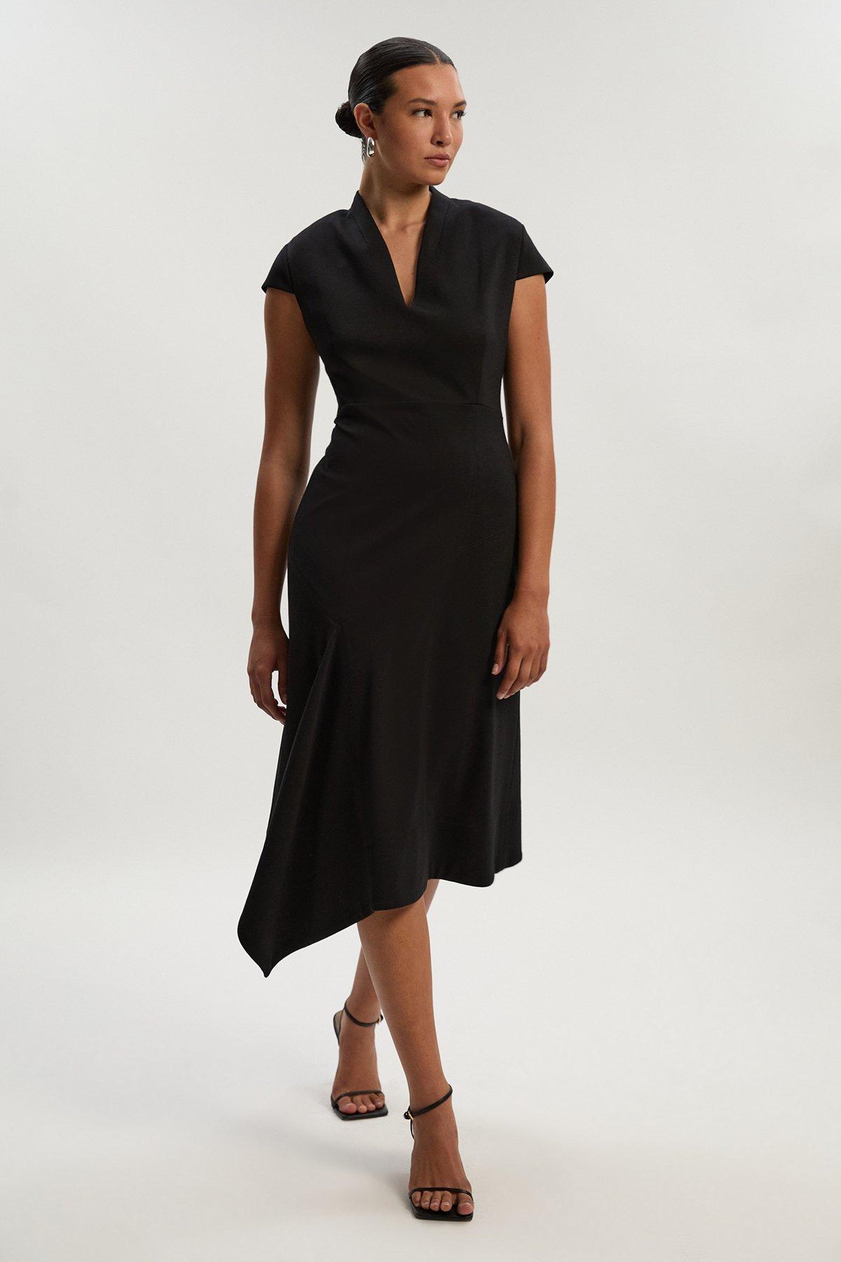 Premium Ponte V Neck Asymmetric Front Tailored Midi Dress - Black
