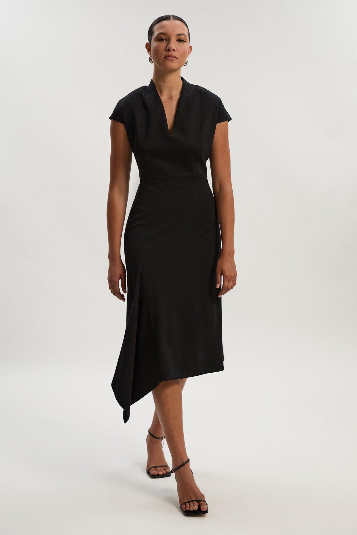 Petite Premium Ponte V Neck Asymmetric Front Tailored Midi Dress - Black