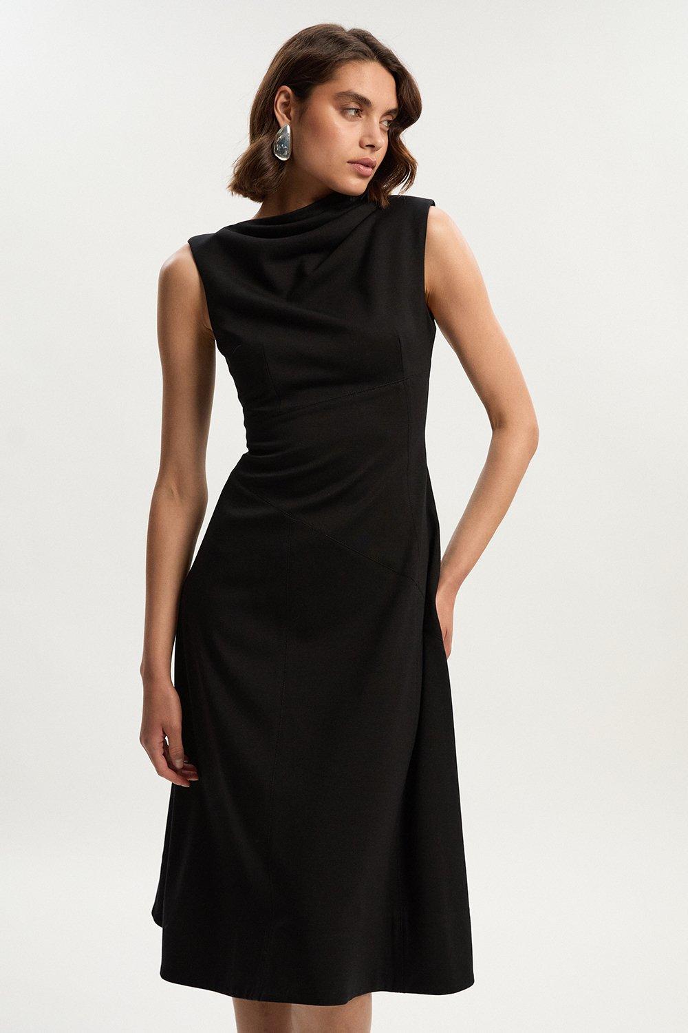 Premium Ponte Sleeveless Asymmetric Front Tailored Midi Dress - Black