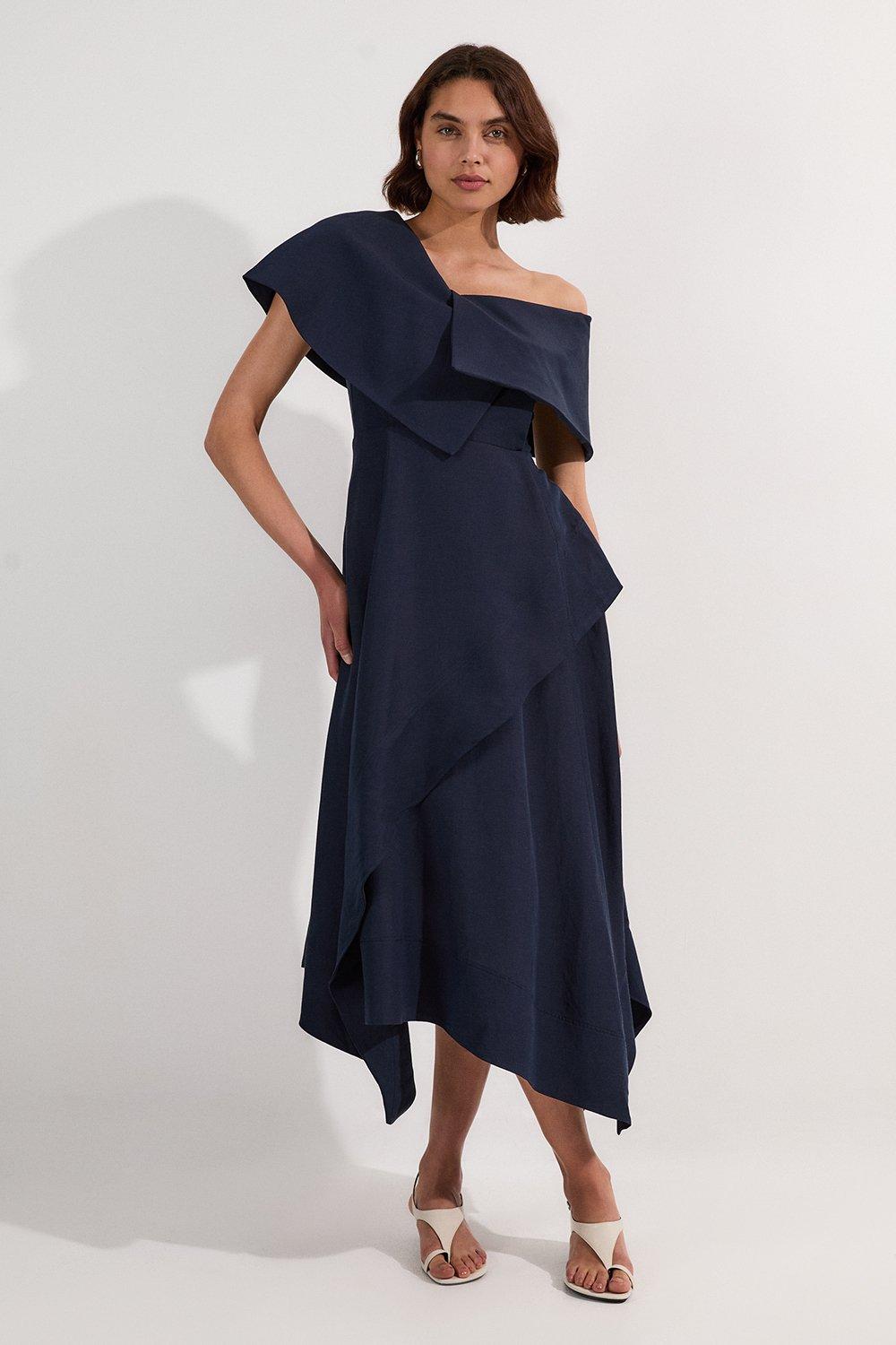 Premium Tailored Linen Asymmetric Shoulder Full Midi Dress - Navy