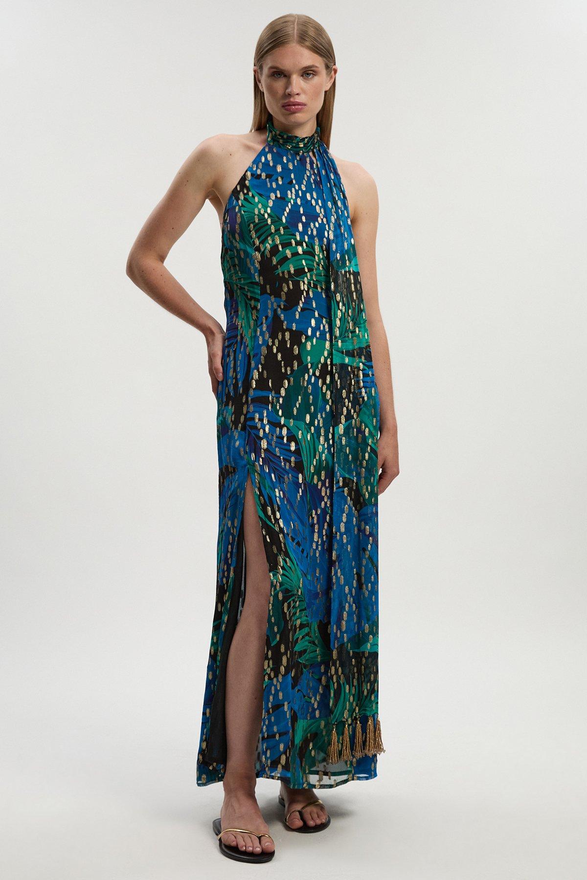 Petite Viscose Metallic Palm Print Halter Neck Maxi Dress - Blue