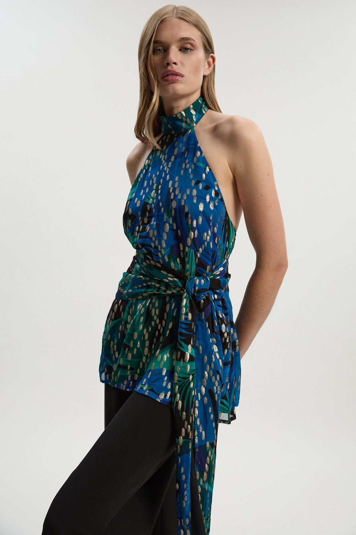 Viscose Metallic Palm Print Halter Neck Top - Blue