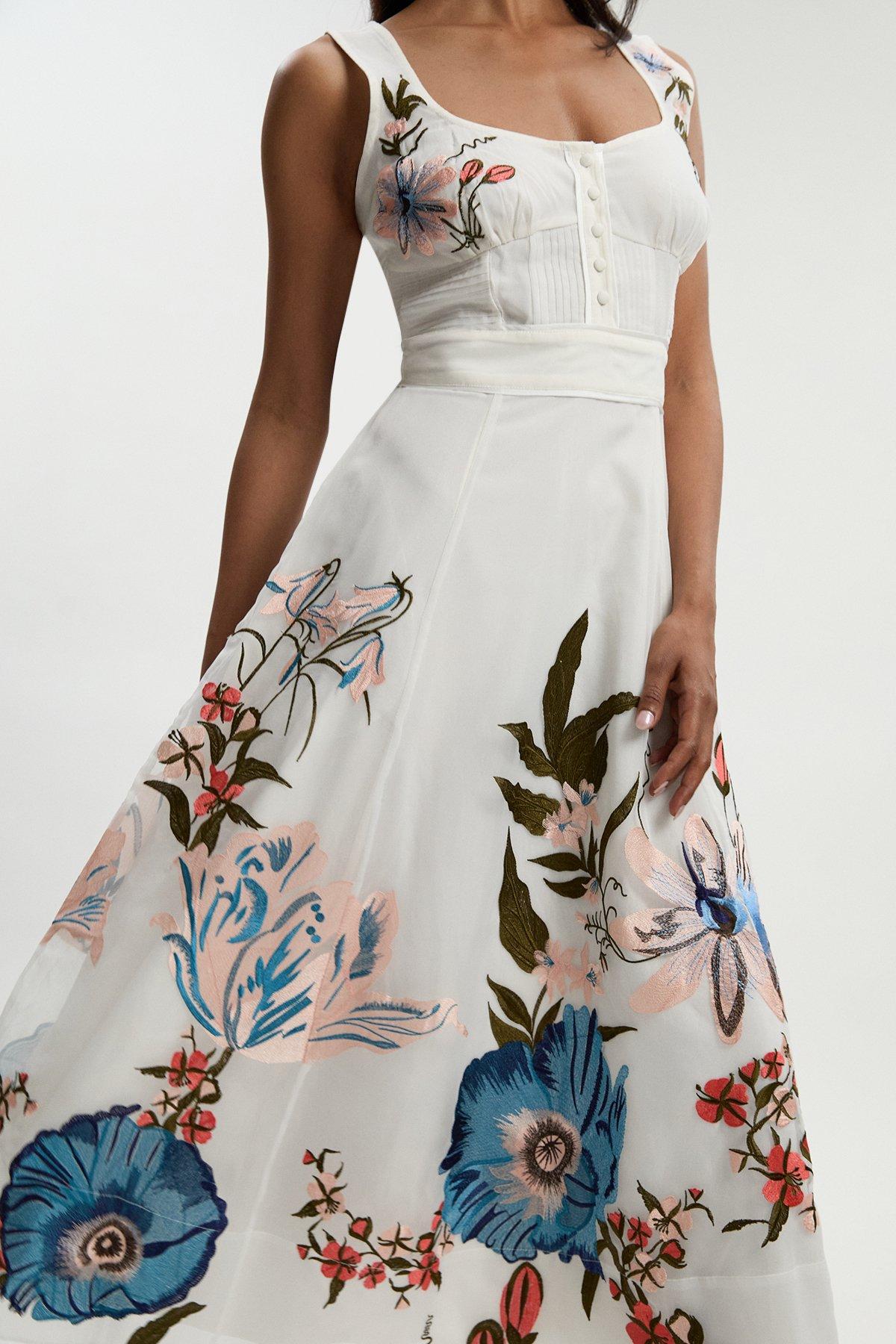 Botanical Embroidery Organdie Strappy Midi Dress - Ivory