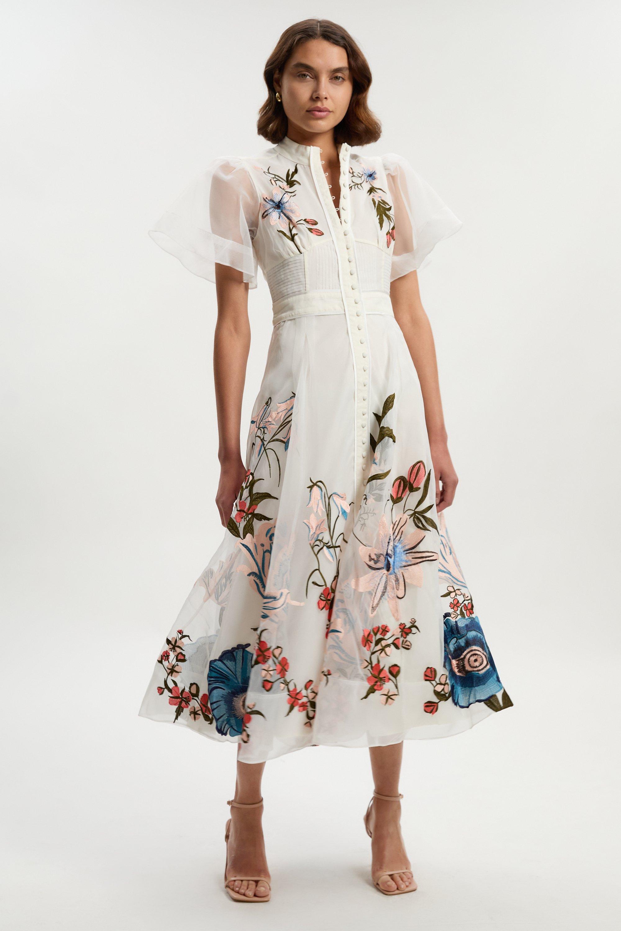 Botanical Embroidery Organdie Angel Sleeve Midi Dress - Ivory