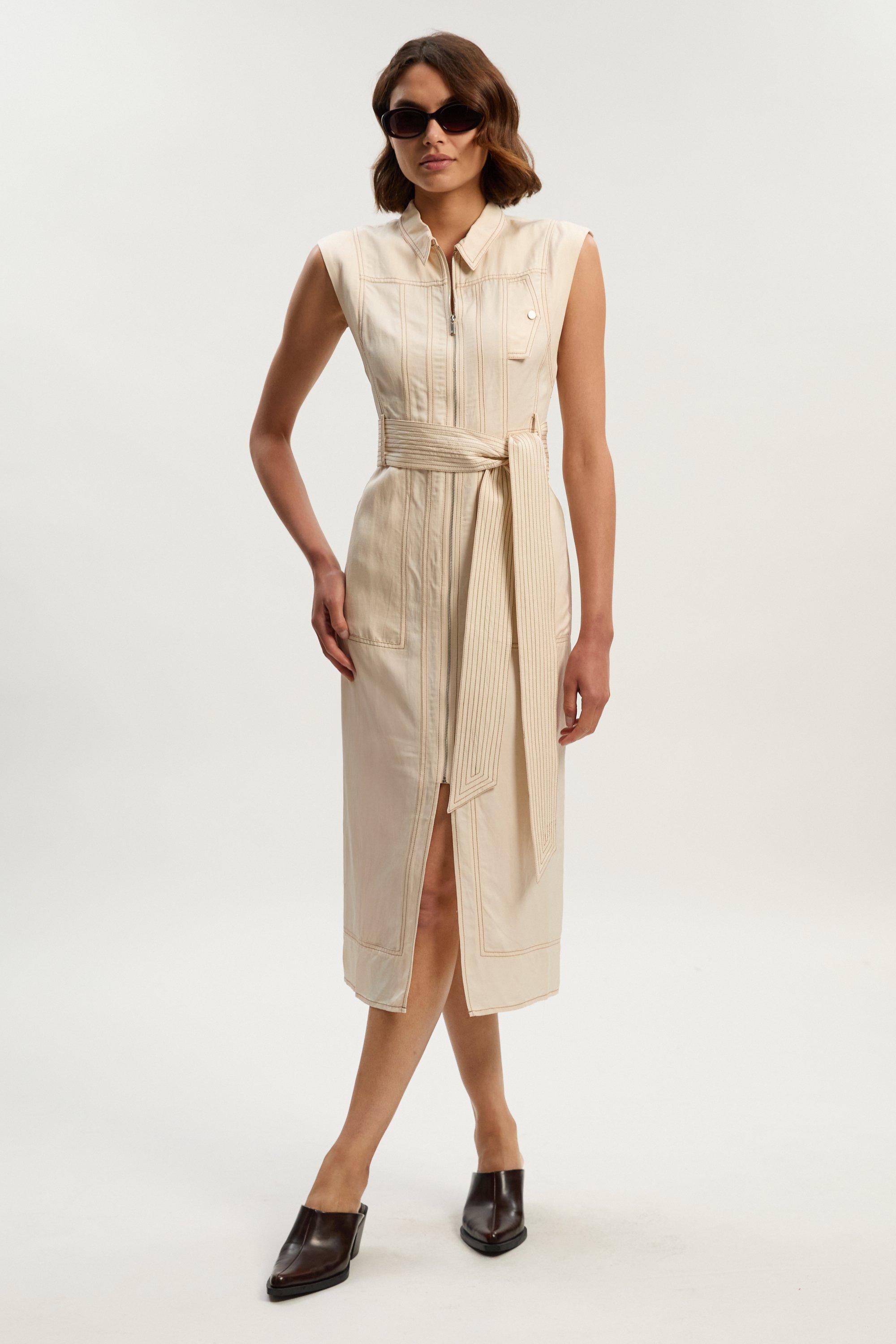 Premium Linen Twill Topstitch Woven Sleeveless Midi Dress - Ivory