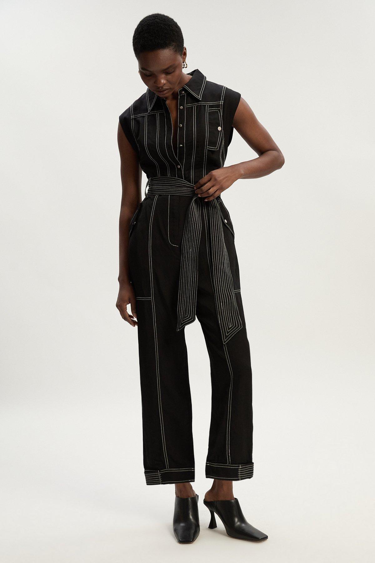 Premium Linen Twill Topstitch Woven Jumpsuit - Black