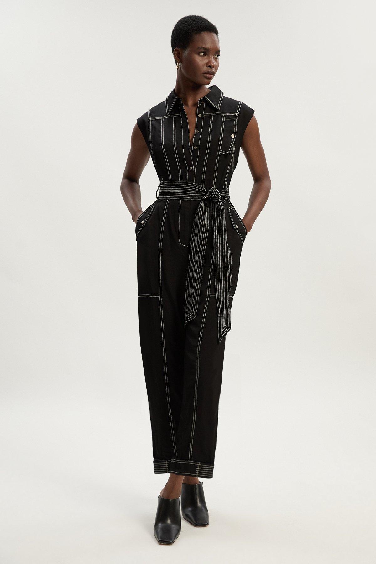 Tall Premium Linen Twill Topstitch Woven Jumpsuit - Black