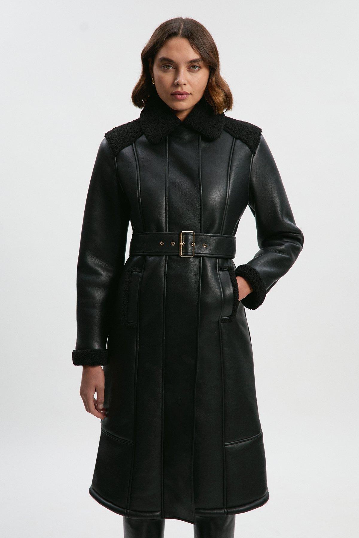 Faux Fur Aviator Longline Coat - Black