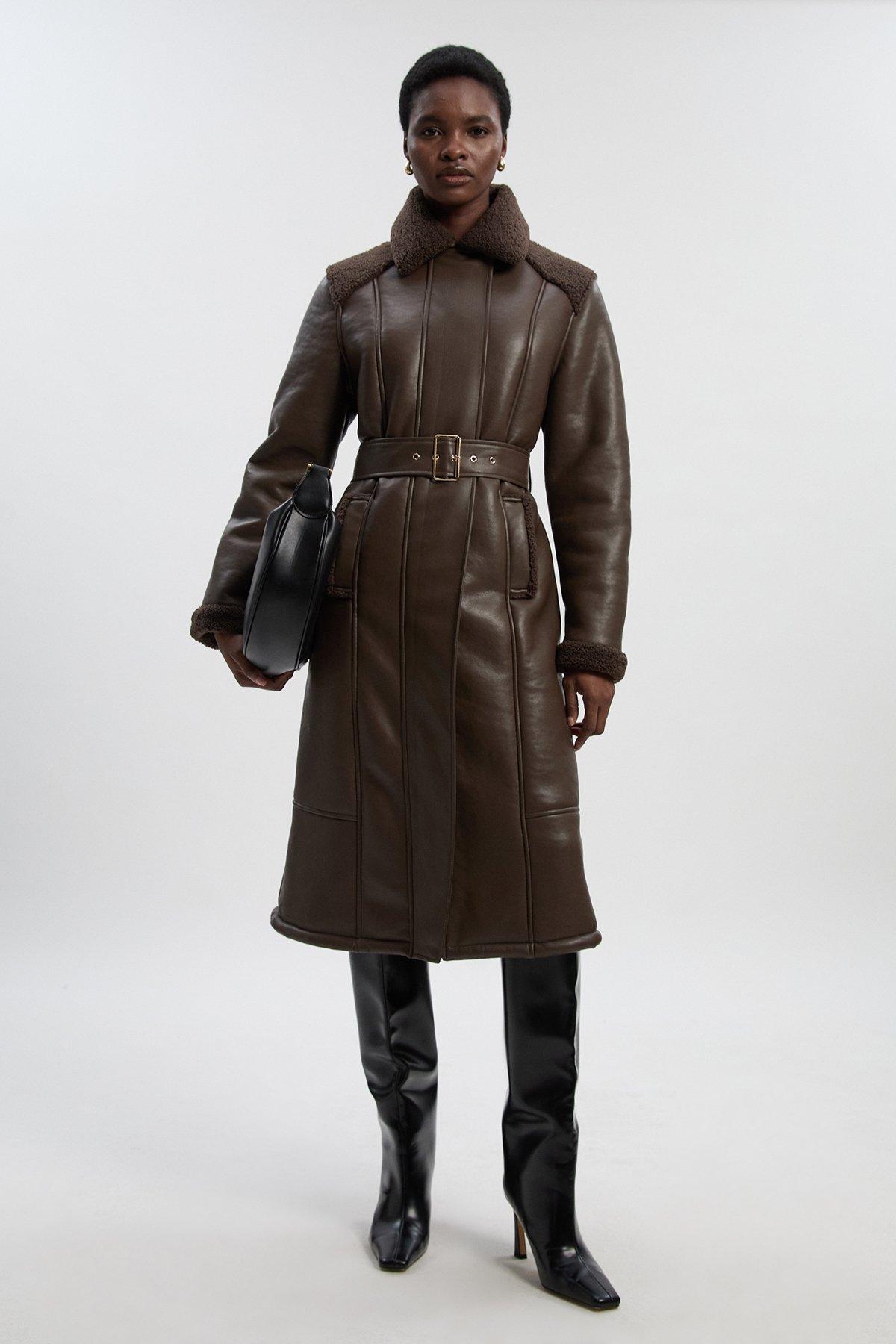 Petite Faux Fur Aviator Longline Coat - Brown