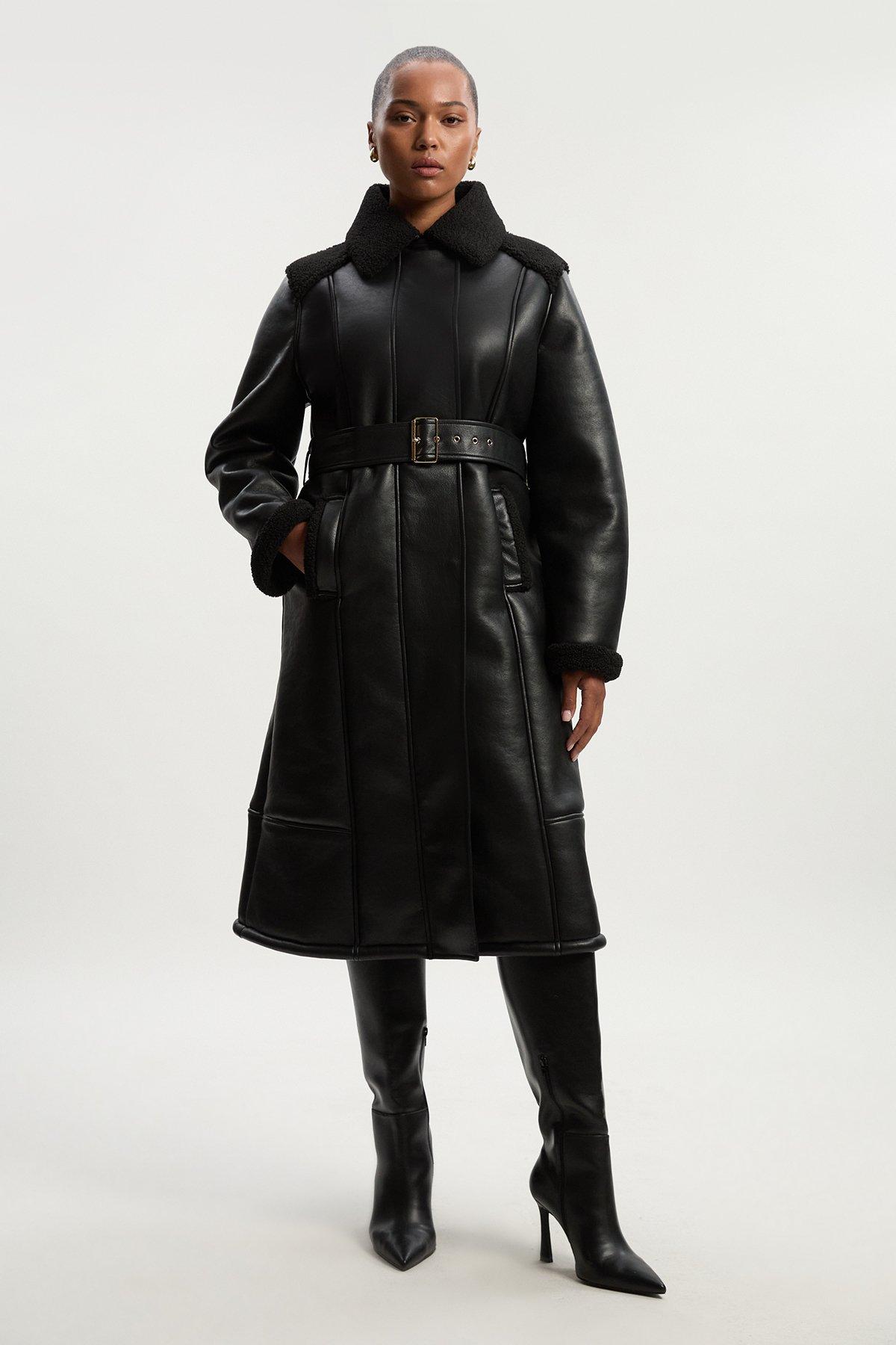 Plus Size Faux Fur Aviator Longline Coat - Black