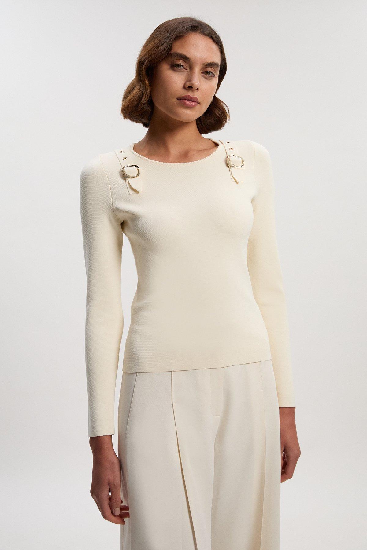 Buckle Trim Long Sleeve Knitted Top - Cream