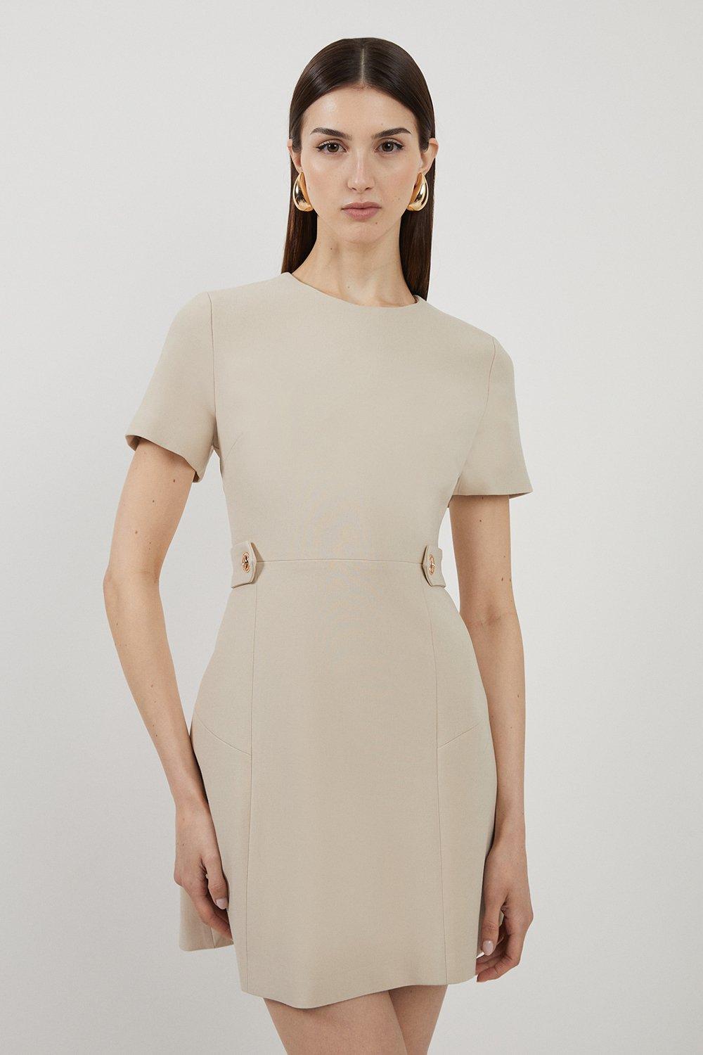 Compact Stretch Essential Waist Tab Detail Tailored Mini Dress - Beige