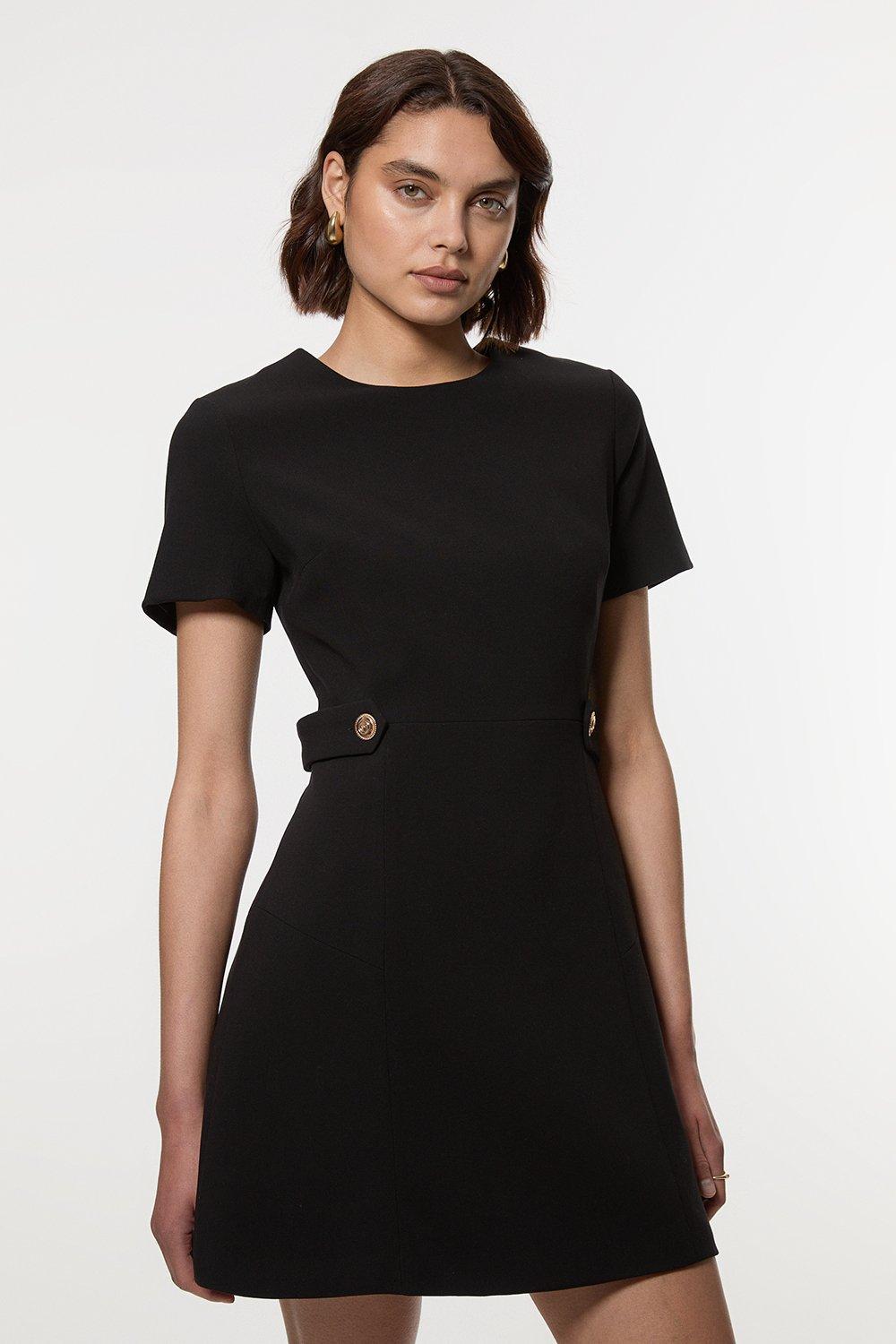Compact Stretch Essential Waist Tab Detail Tailored Mini Dress - Black