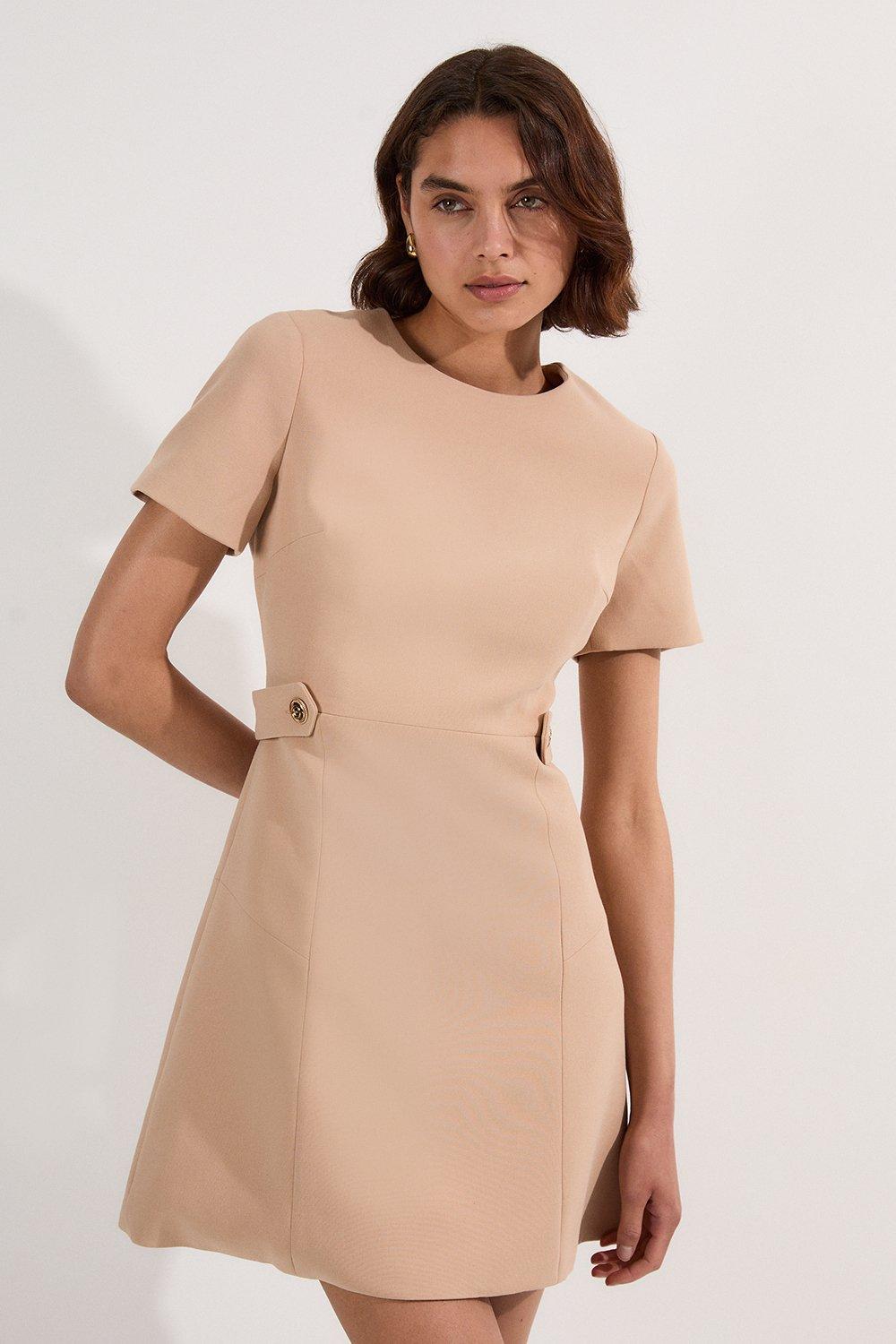 Compact Stretch Essential Waist Tab Detail Tailored Mini Dress - Camel