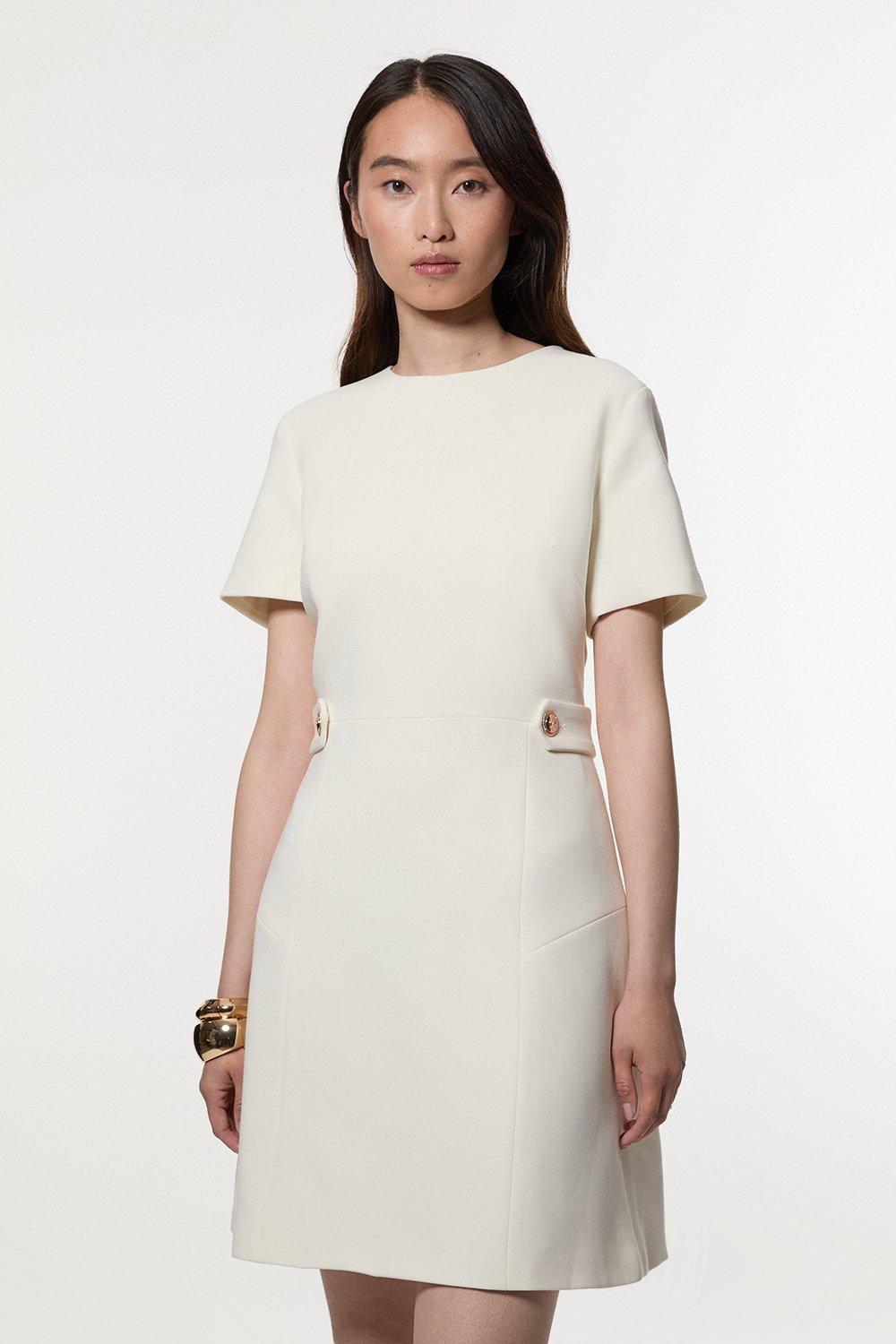 Compact Stretch Essential Waist Tab Detail Tailored Mini Dress - Cream
