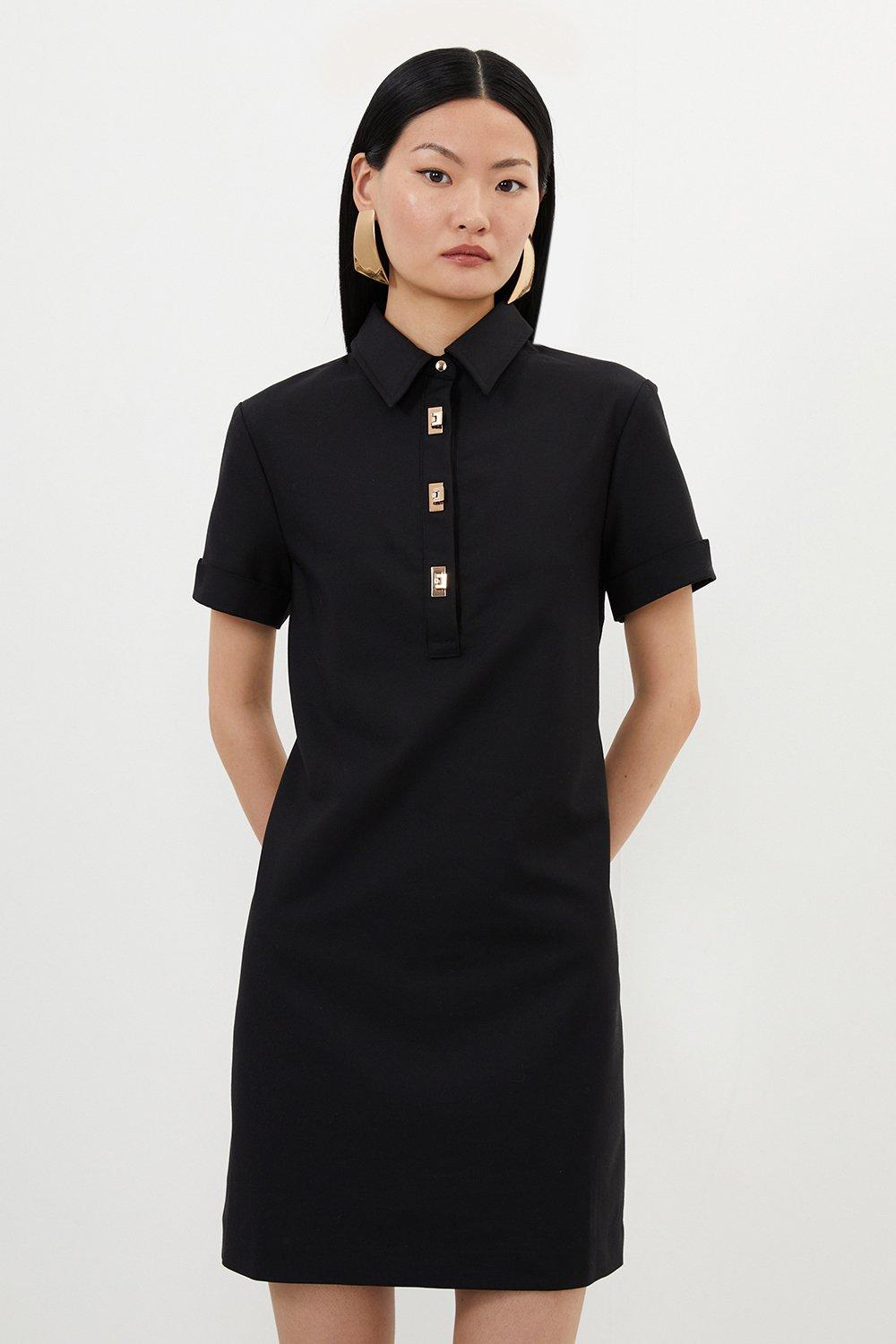 Petite Techno Cotton Woven Short Dress With Gold Clasps - Black