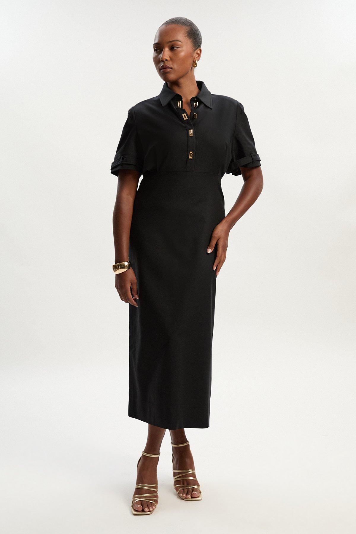 Plus Size Essential Techno Short Sleeve Woven Shirt Dress With Gold Hardware - Black
