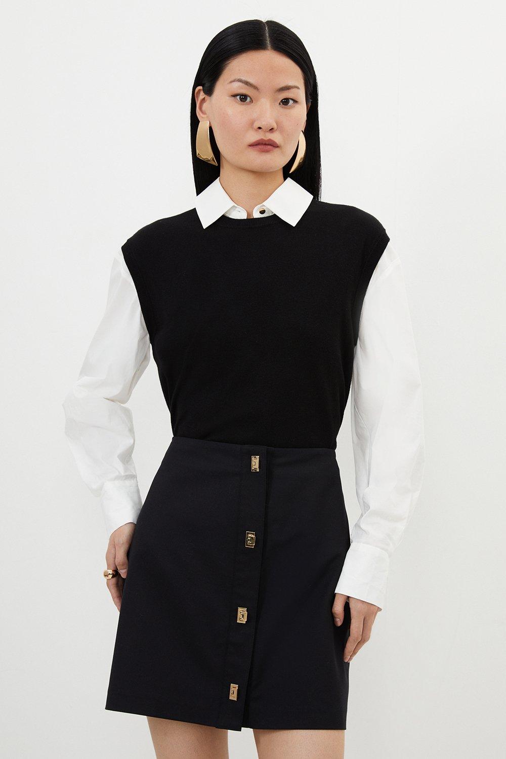 Tall Techno Cotton Woven Skirt With Gold Clasp - Black