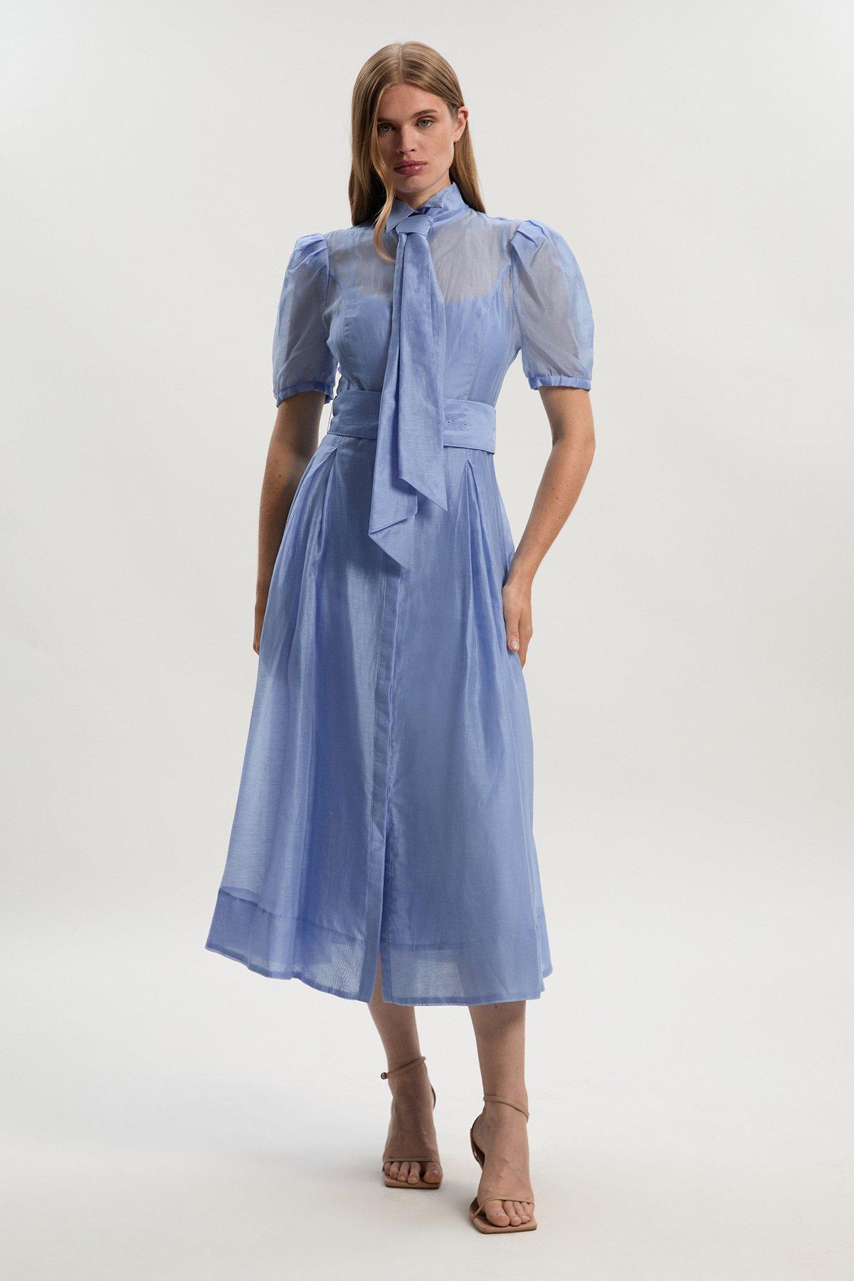 Petite Organdie Tie Neck Woven Midi Dress - Light Blue