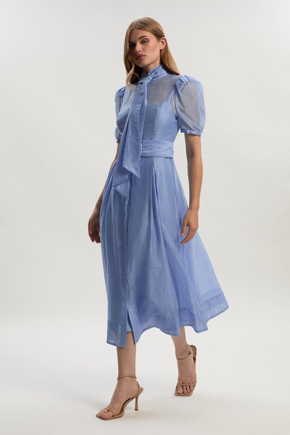 Tall Organdie Tie Neck Woven Midi Dress - Light Blue