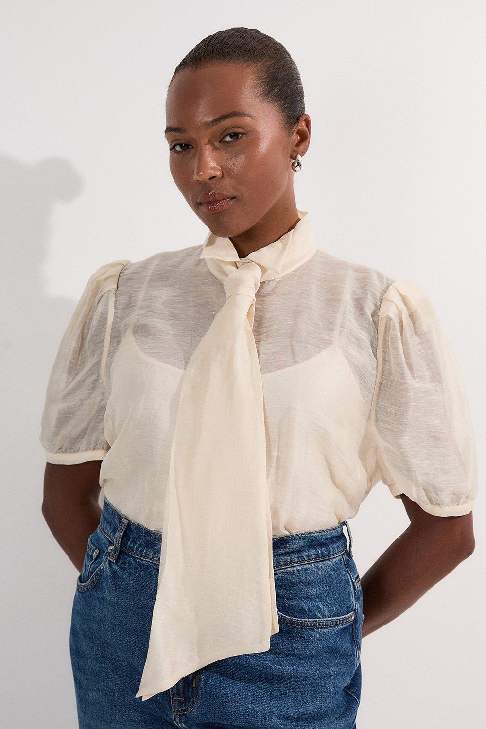 Plus Size Organdie Tie Neck Woven Shirt - Ivory
