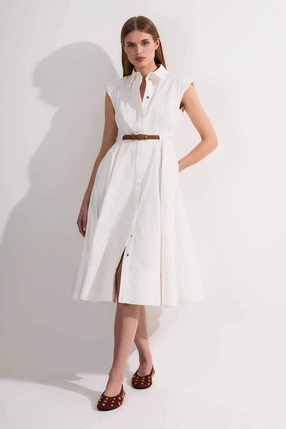 Petite Tailored Cotton Belted Collared Full Midi Dress - Ivory