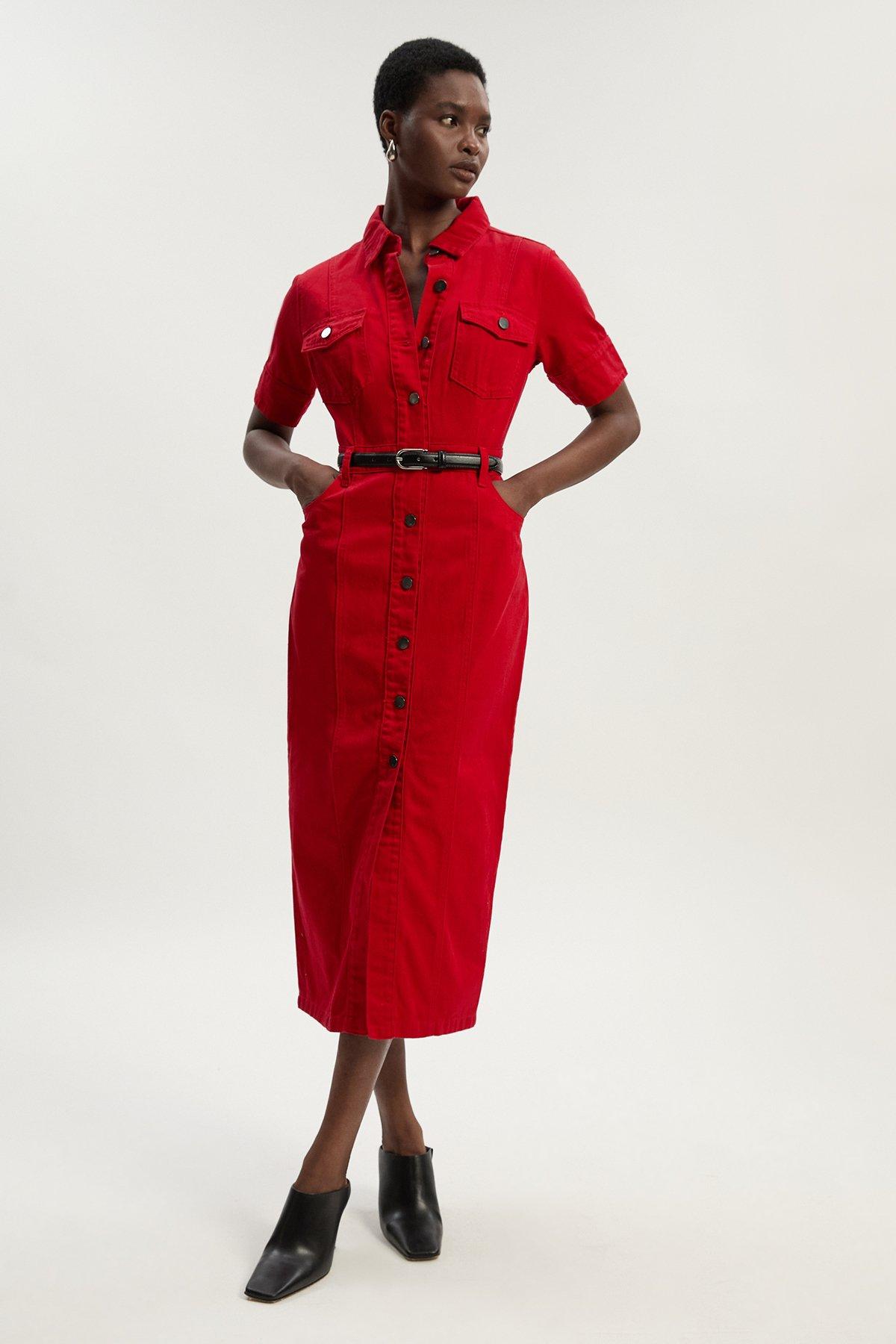 Petite Denim Short Sleeve Shirt Dress - Red