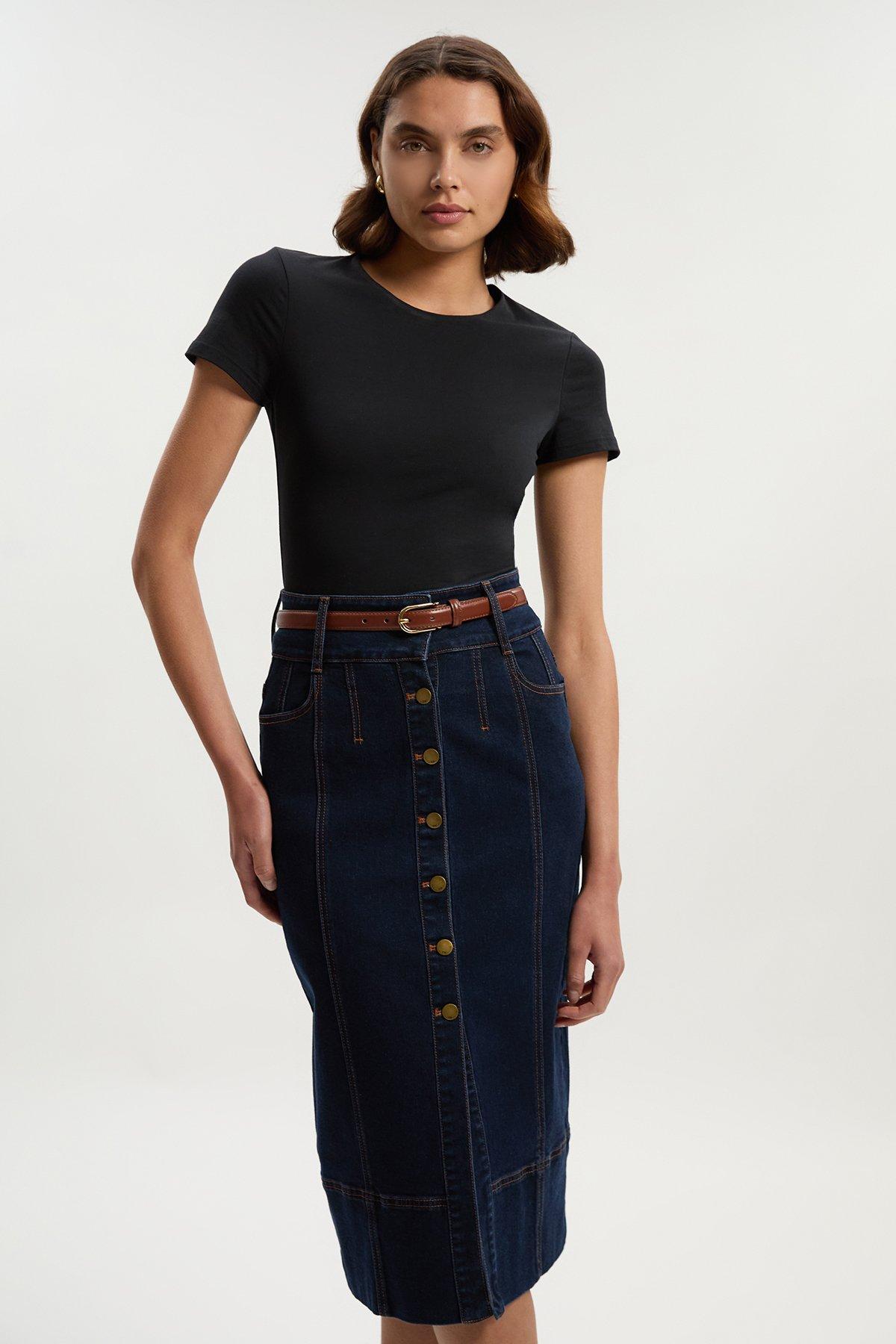 Petite Denim Corset Waist Detail Pencil Skirt - Dark Blue