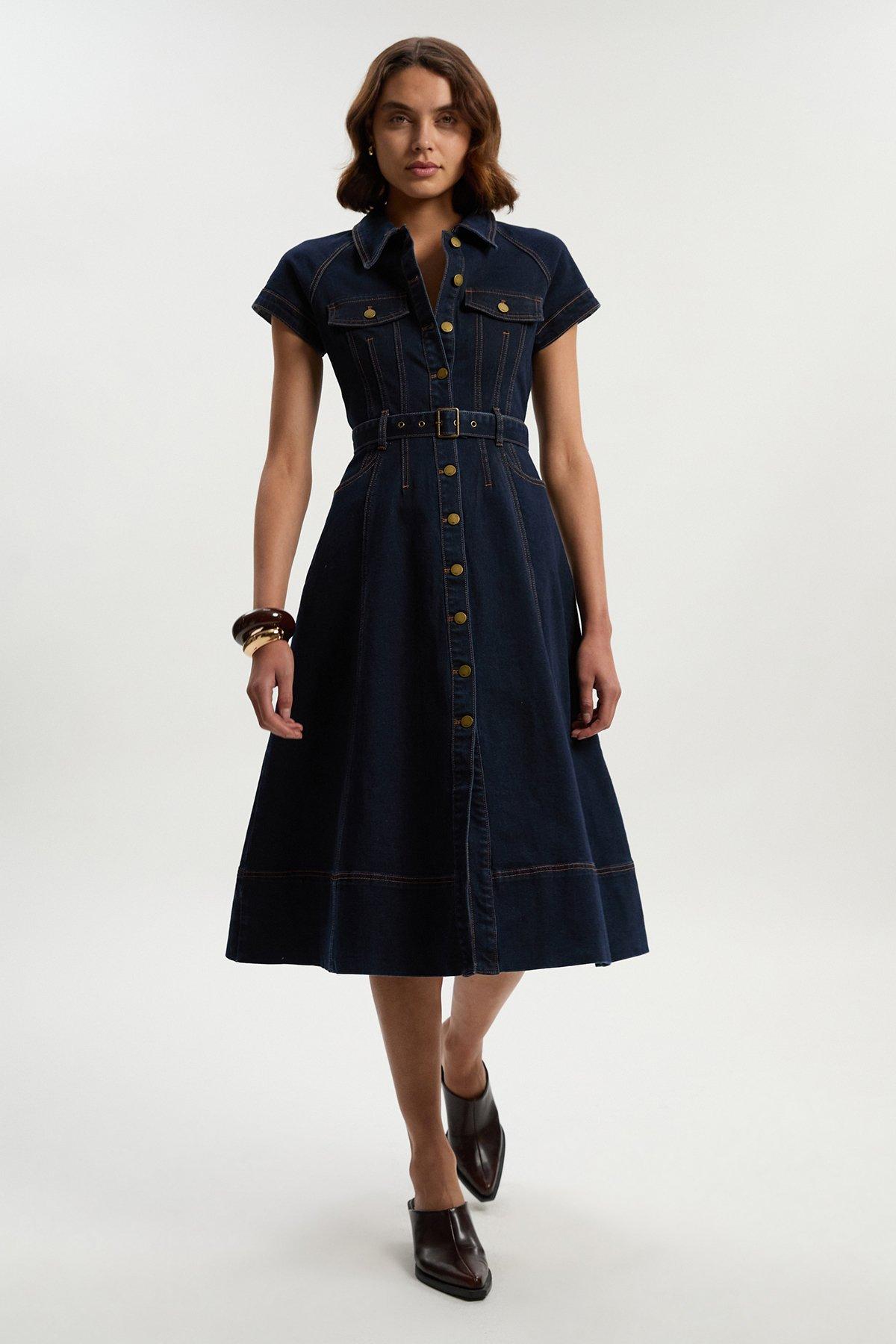 Petite Denim Corset Waist Detail Full Midi Dress - Dark Blue