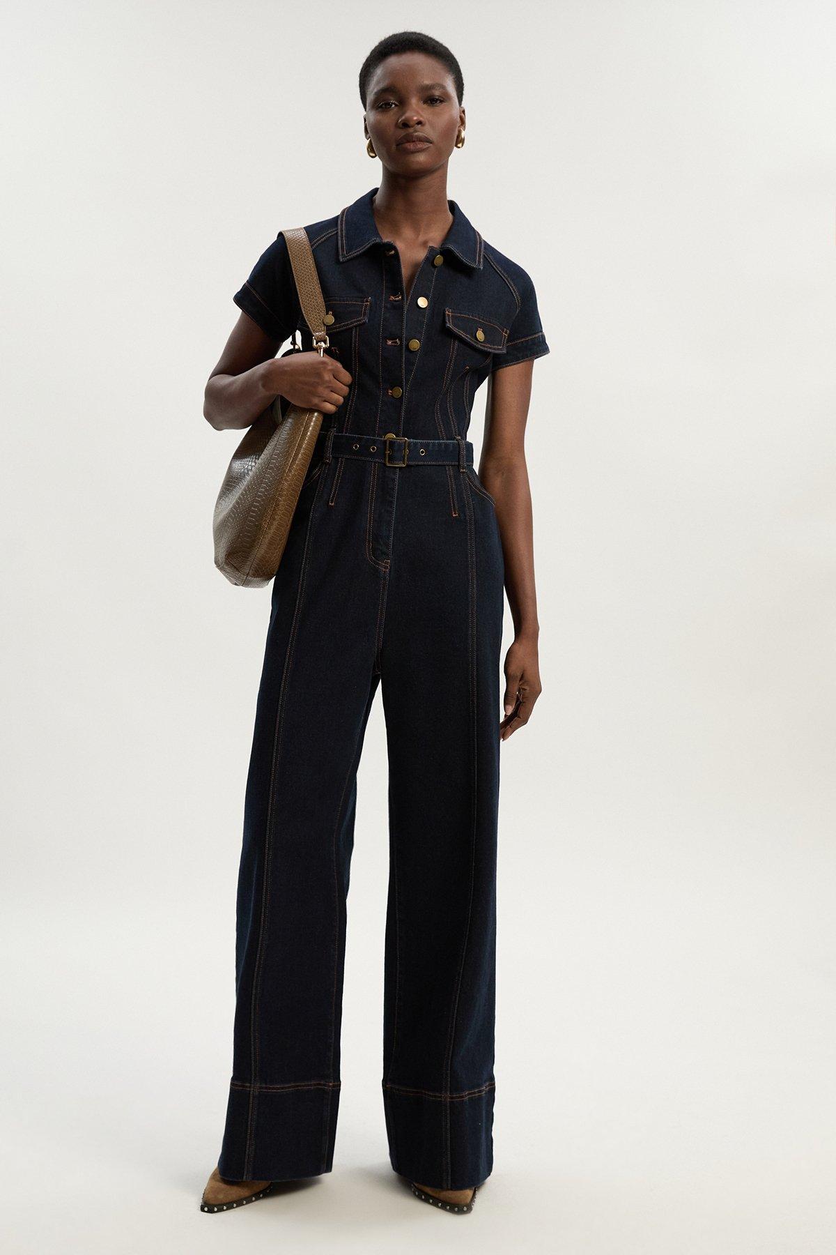 Petite Denim Corset Waist Detail Wide Leg Jumpsuit - Dark Blue