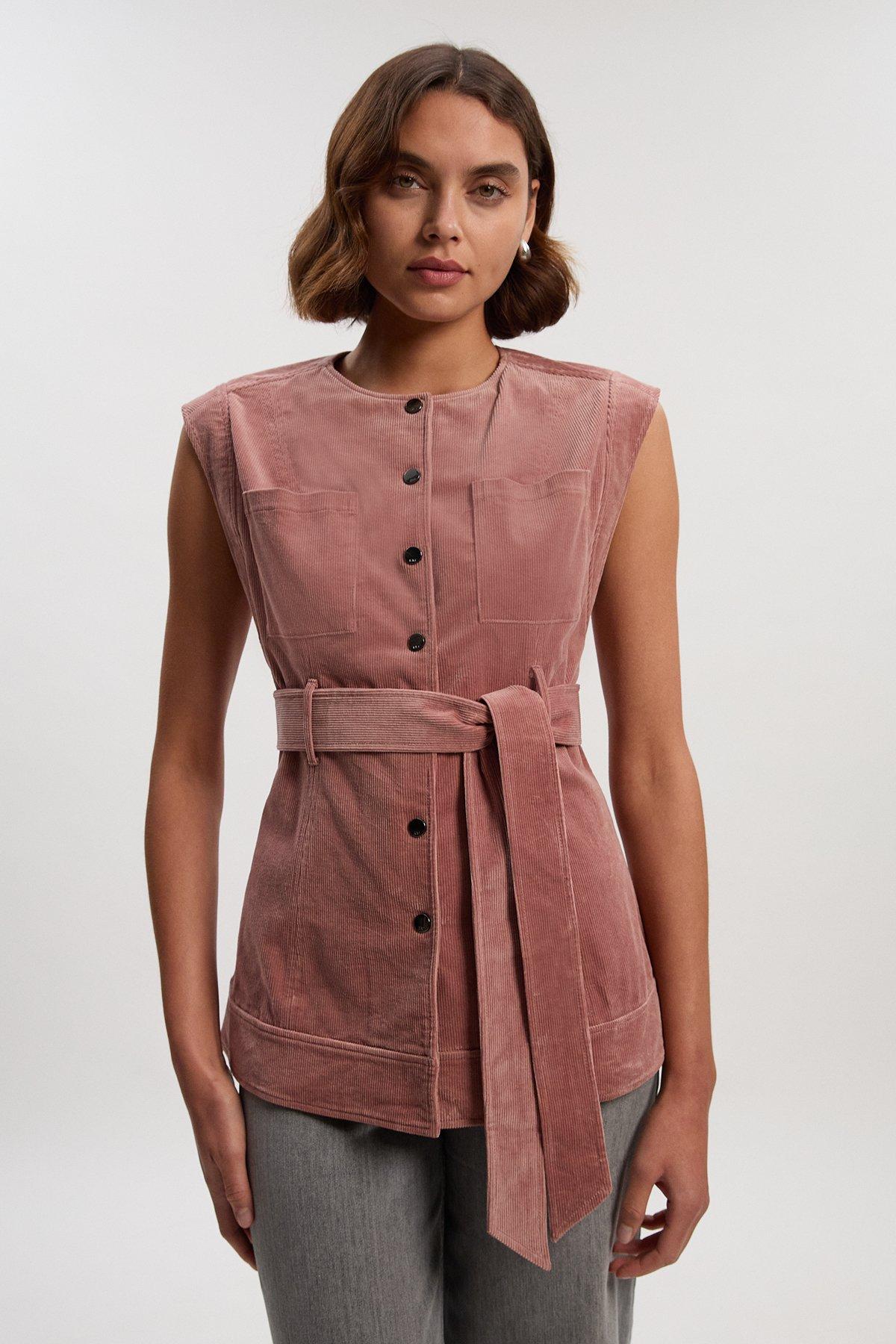Stretch Cord Belted Sleeveless Jacket - Pink