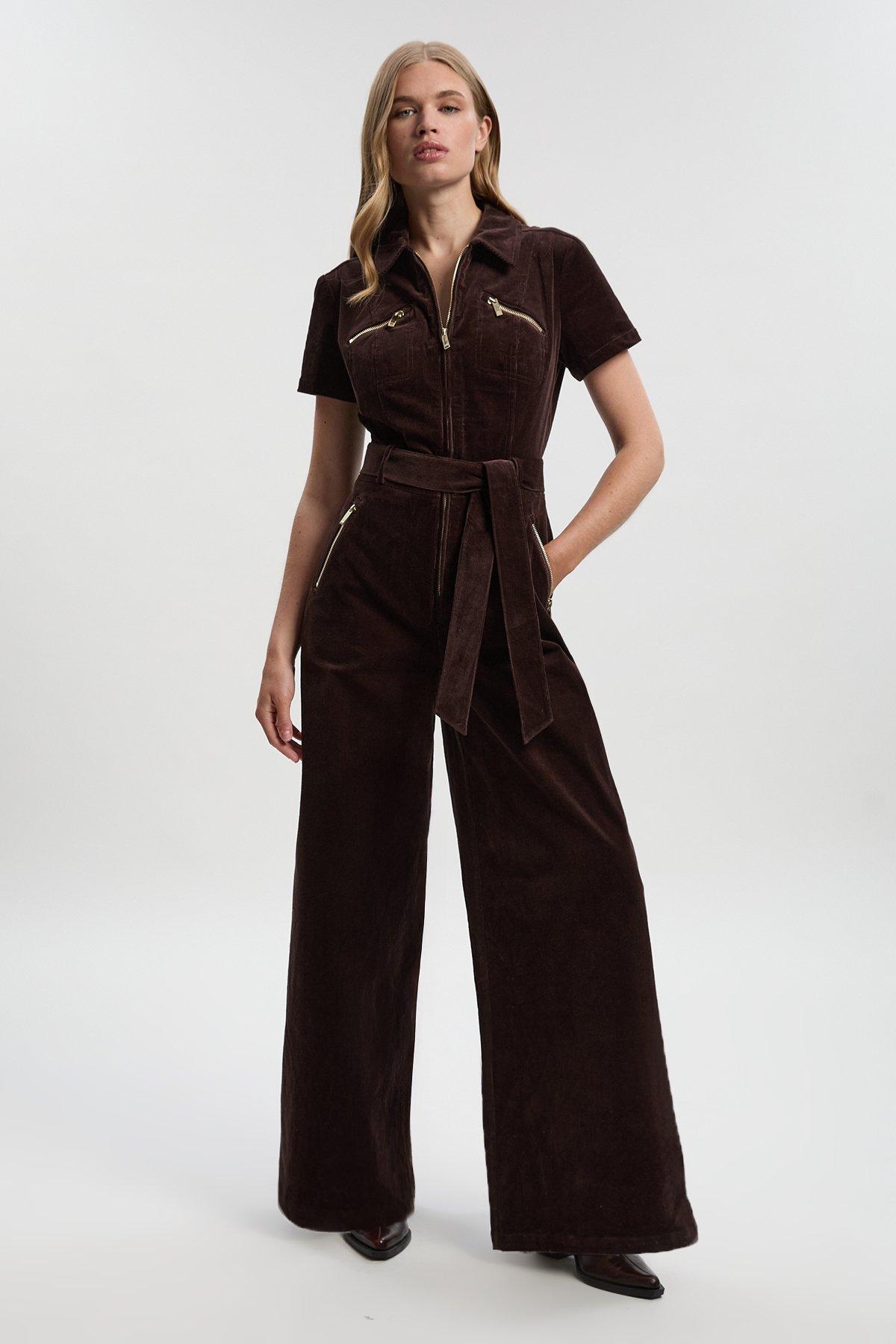 Stretch Cord Wide Leg Jumpsuit - Brown
